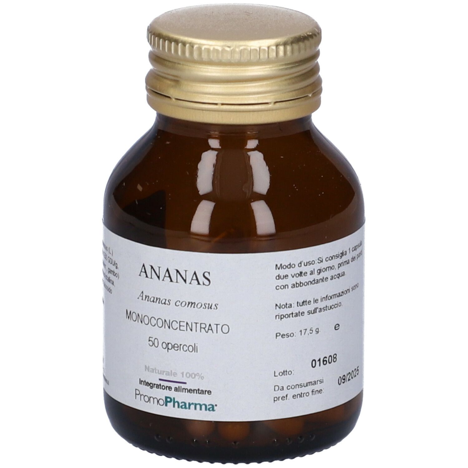 Flacone di vetro marrone con tappo dorato. Etichetta con informazioni sul prodotto. Scritta: ANANAS, 50 opercoli, PromoPharma.