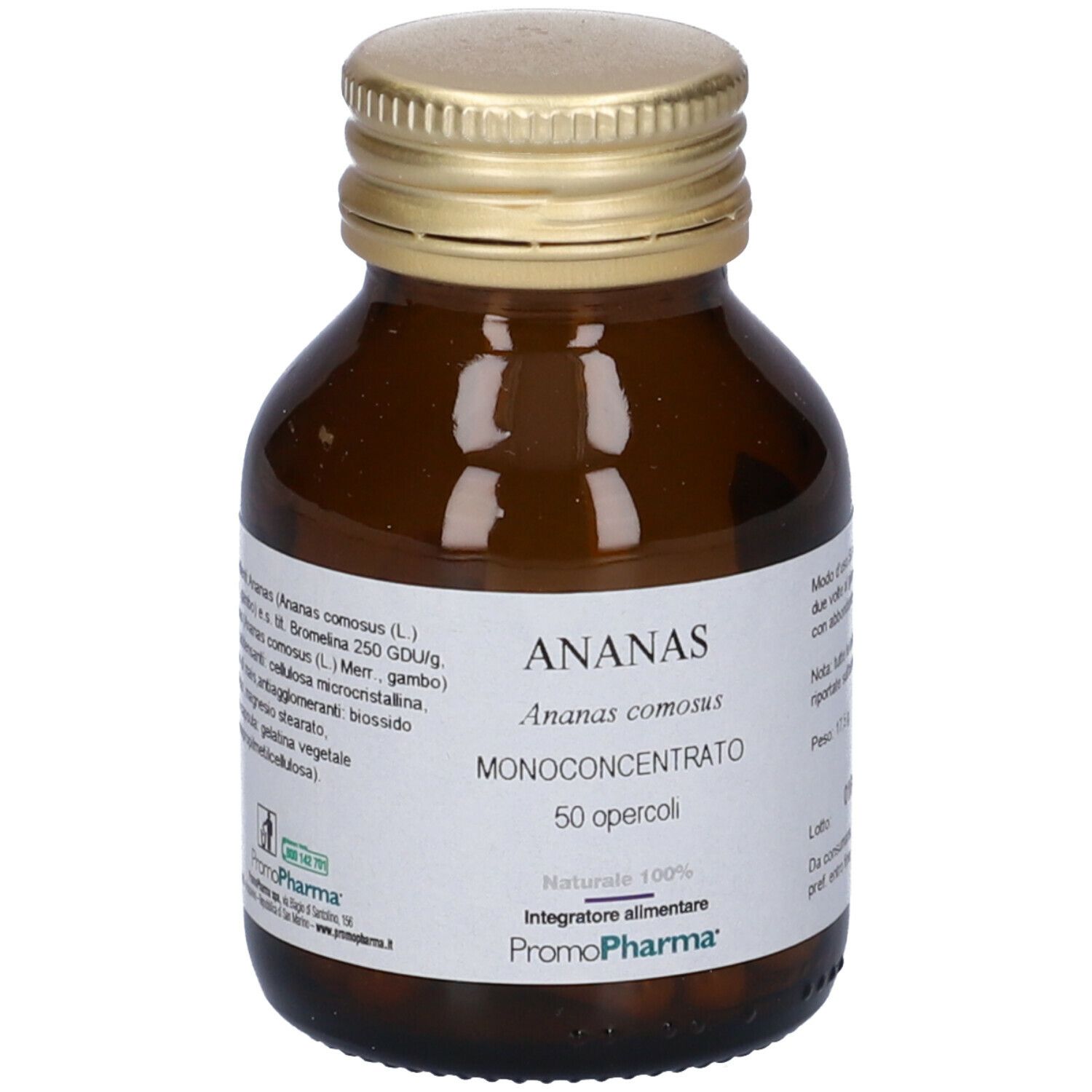 Flacone di vetro marrone con tappo dorato. Etichetta con ingredienti e informazioni. Scritta: ANANAS, PromoPharma.