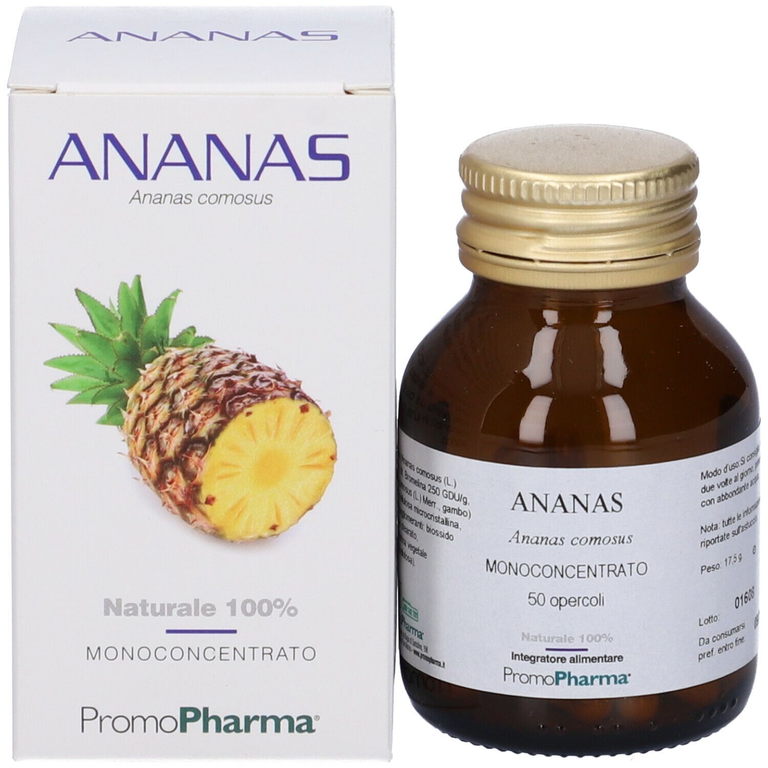 Confezione e flacone del prodotto. Scatola bianca con illustrazione di ananas e nome del prodotto. Flacone marrone con tappo dorato.