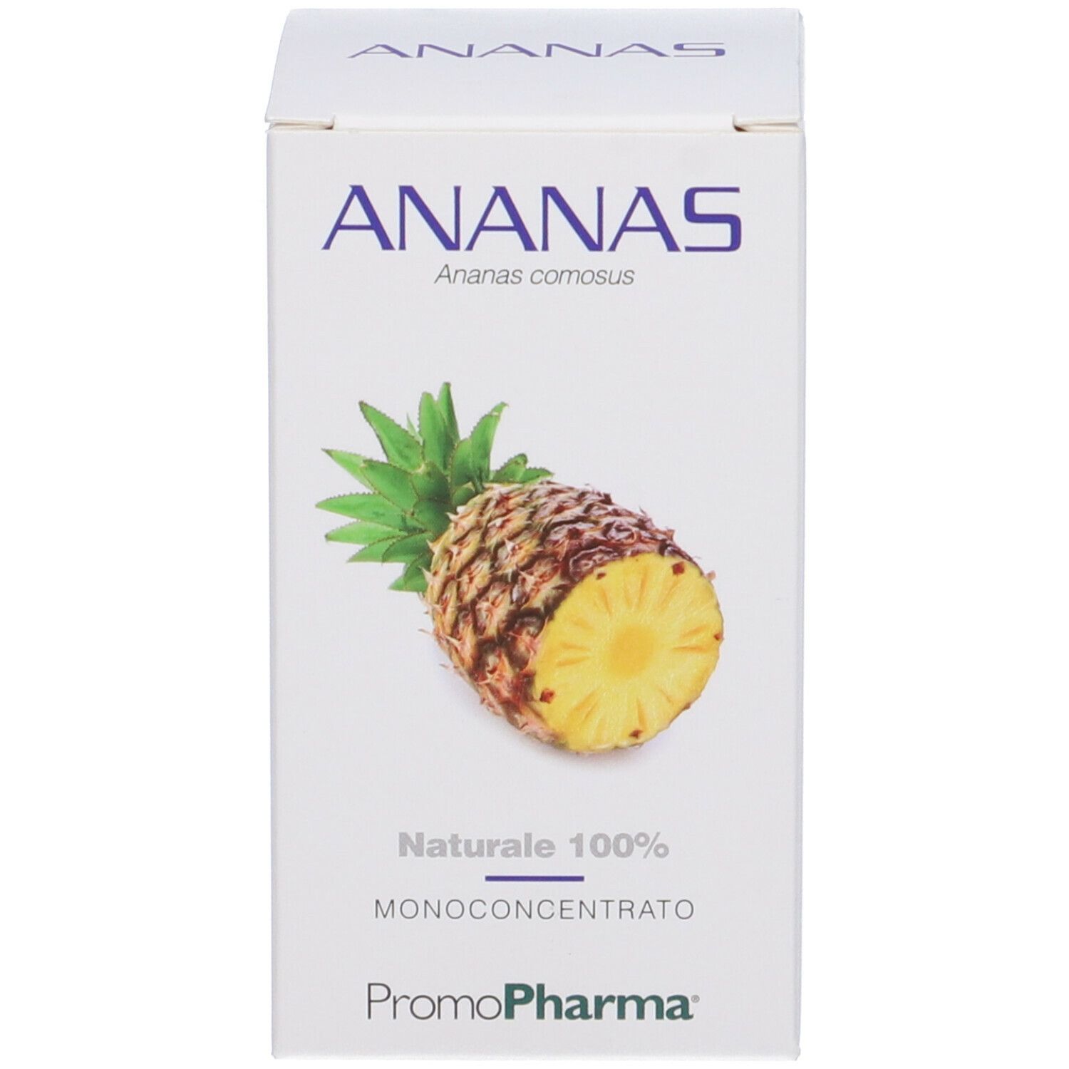 Scatola bianca con illustrazione di ananas e nome del prodotto. Scritta: ANANAS, Monoconcentrato, PromoPharma.