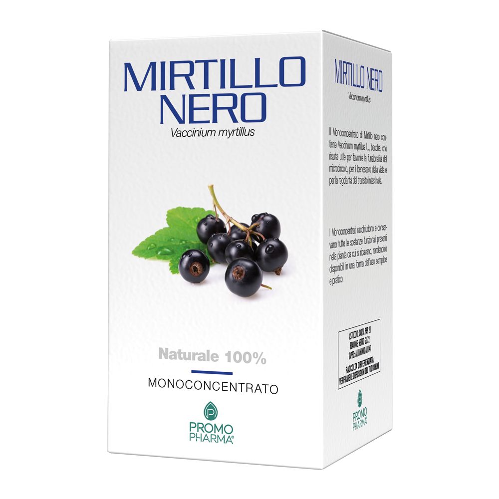 Scatola bianca con nome Mirtillo Nero, illustrazione di mirtilli e foglie. Marchio PromoPharma®.