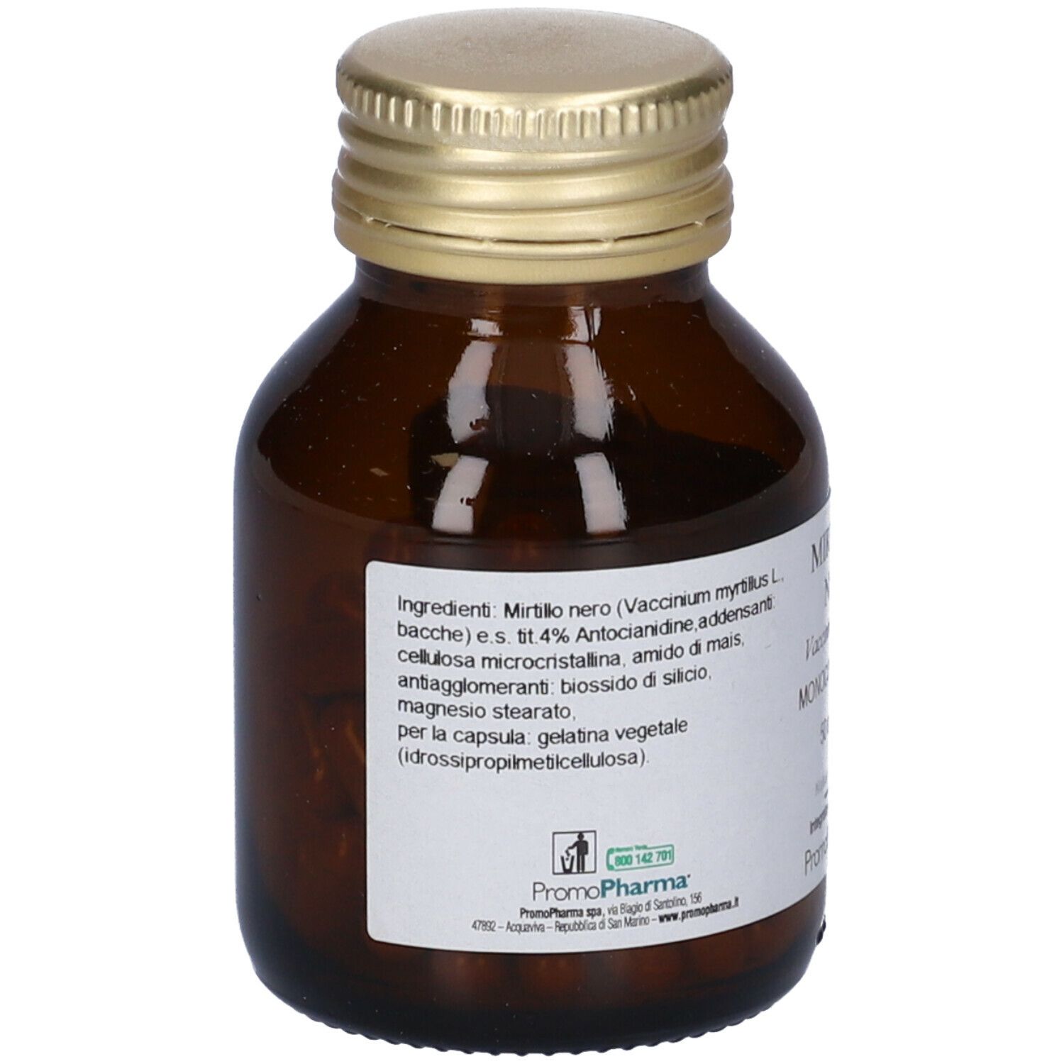Flacone di vetro marrone con tappo dorato. Etichetta con elenco ingredienti: Mirtillo Nero, cellulosa, ecc.