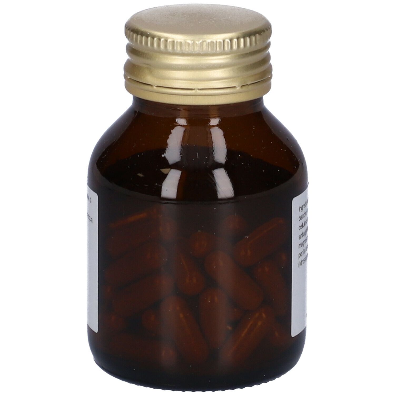 Flacone di vetro marrone con tappo dorato. Capsule marroni visibili all'interno.