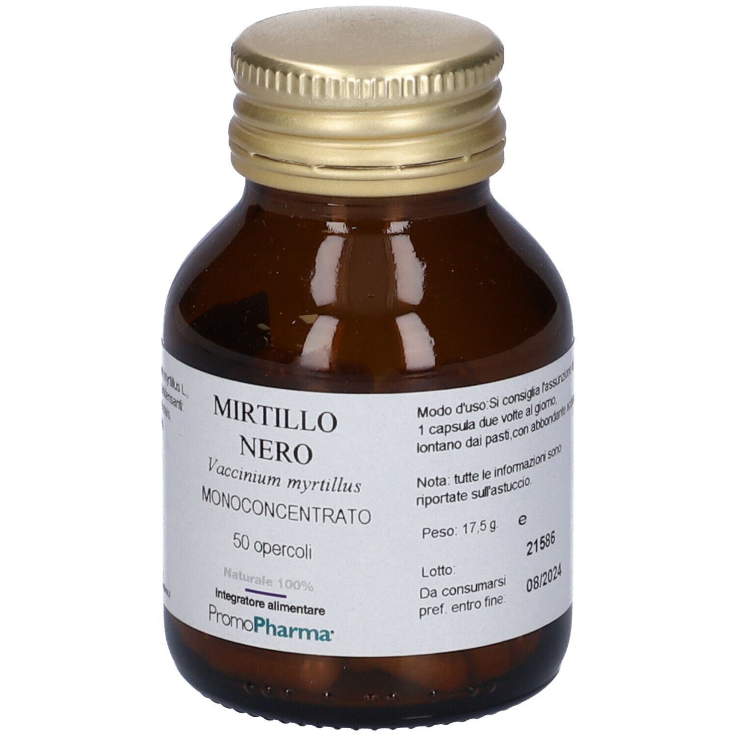 Flacone di vetro marrone con tappo dorato. Etichetta con nome Mirtillo Nero. 50 opercoli.