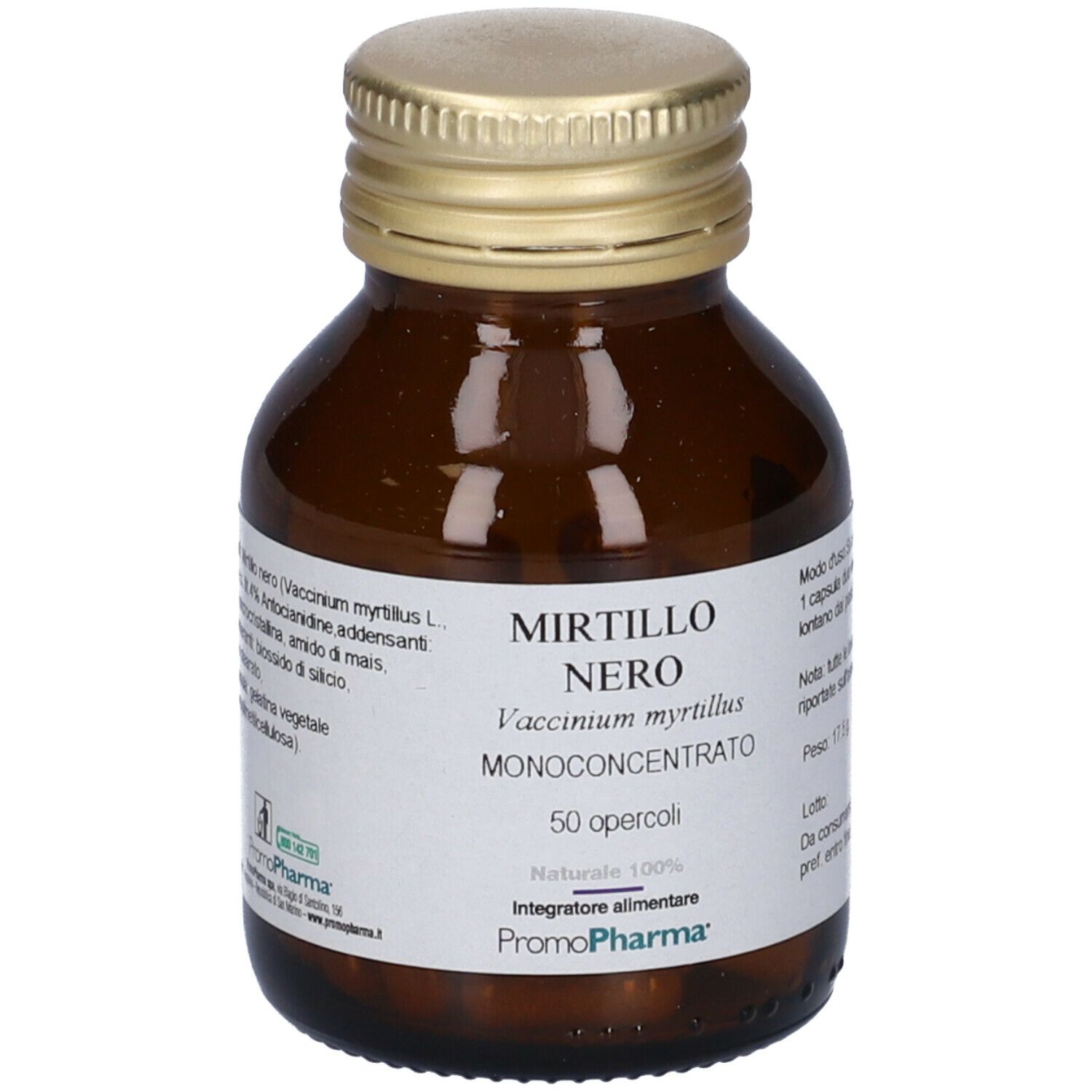Flacone di vetro marrone con tappo dorato. Etichetta con nome Mirtillo Nero e ingredienti.