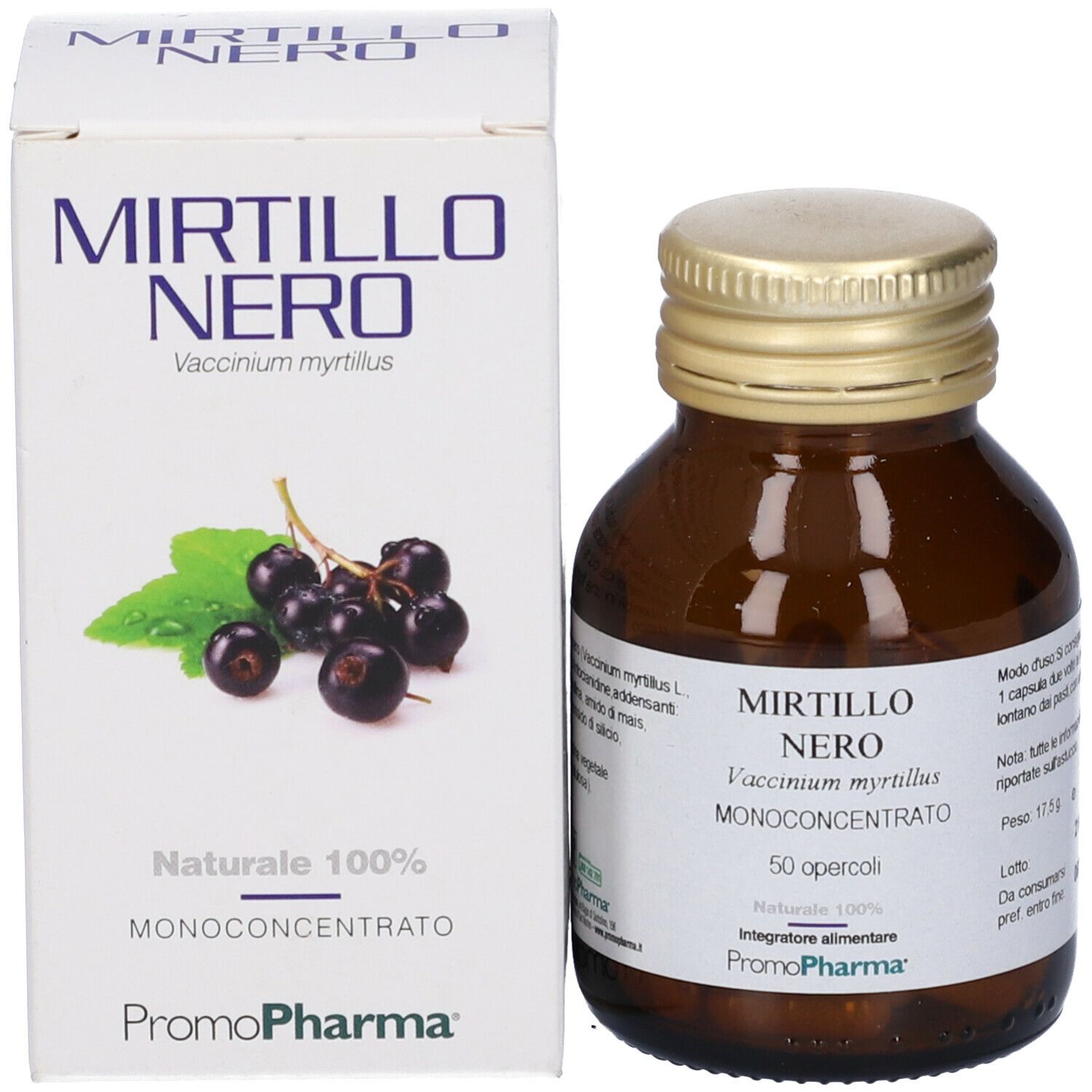 Confezione del prodotto: scatola e flacone. Scatola con Mirtillo Nero, illustrazione di mirtilli. Flacone accanto.