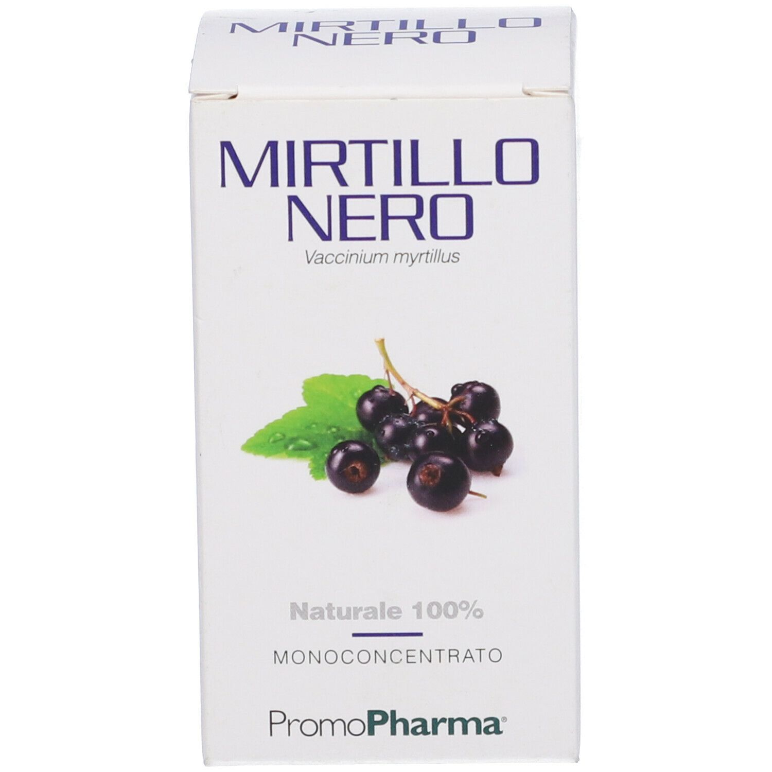 Scatola bianca con nome Mirtillo Nero, illustrazione di mirtilli e foglie.