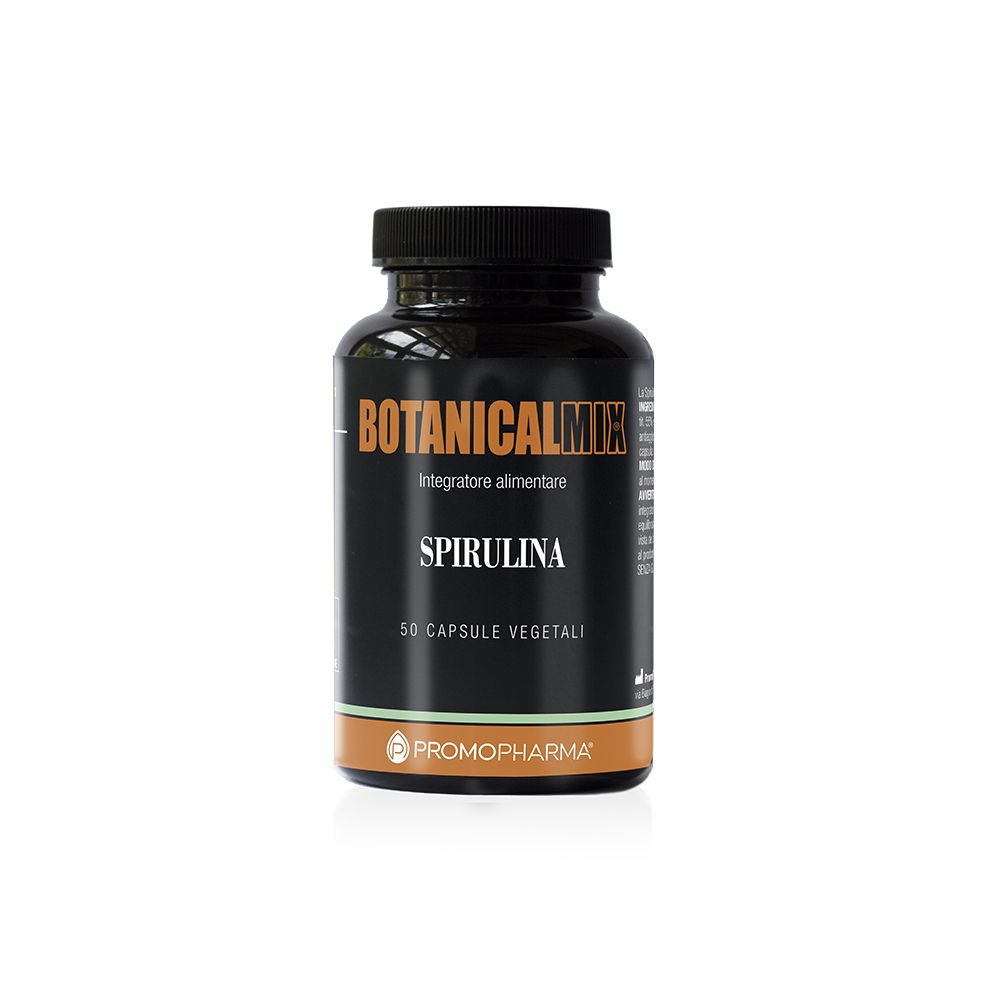 Flacone nero con tappo nero. Scritta: Botanical Mix Spirulina, 50 capsule vegetali. Marchio: PromoPharma.
