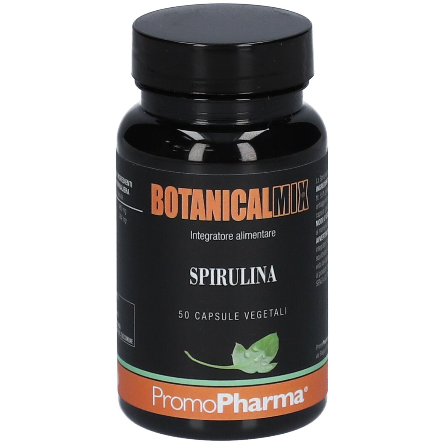 Flacone nero con tappo nero. Scritta: Botanical Mix Spirulina, 50 capsule vegetali. Marchio: PromoPharma.