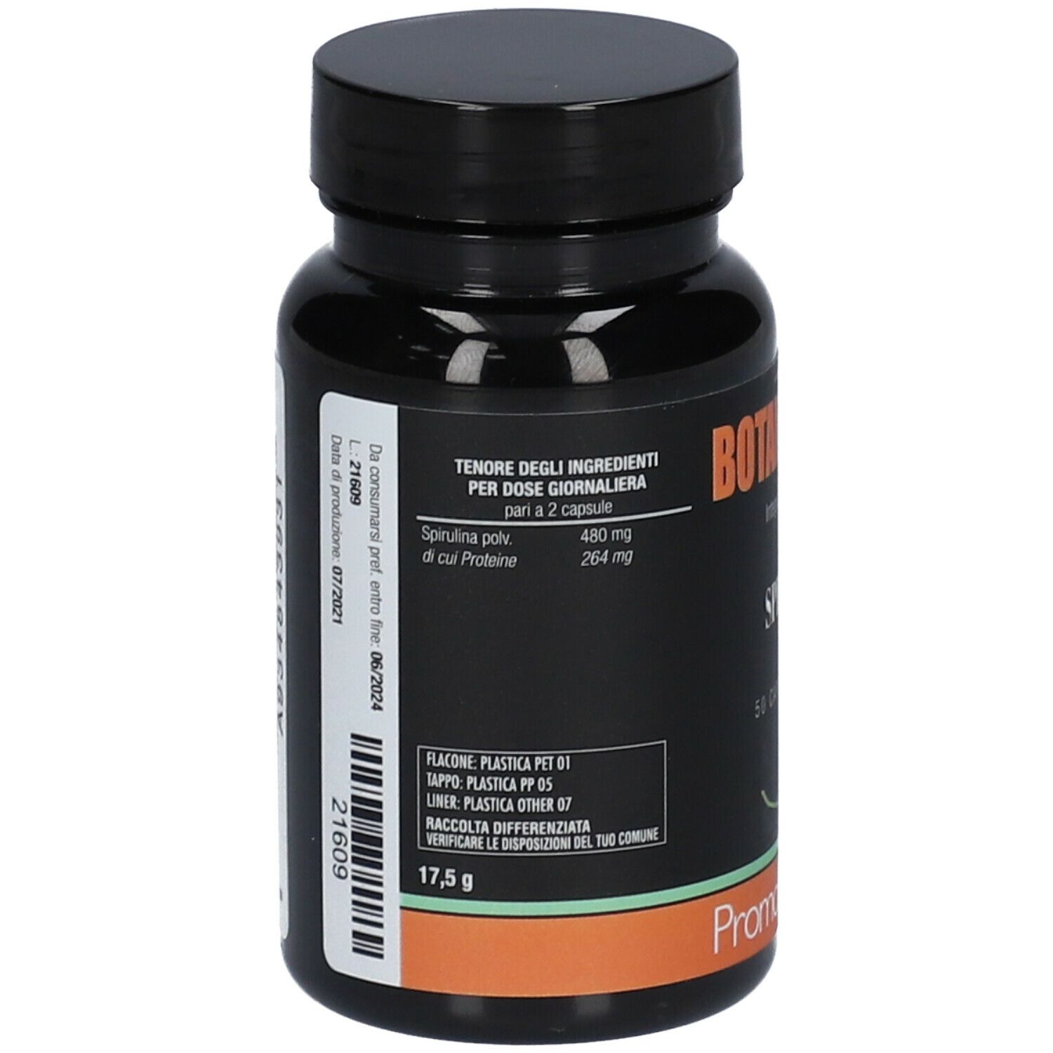 Flacone nero con tappo nero. Scritta: Botanical Mix Spirulina, 50 capsule vegetali. Marchio: PromoPharma.