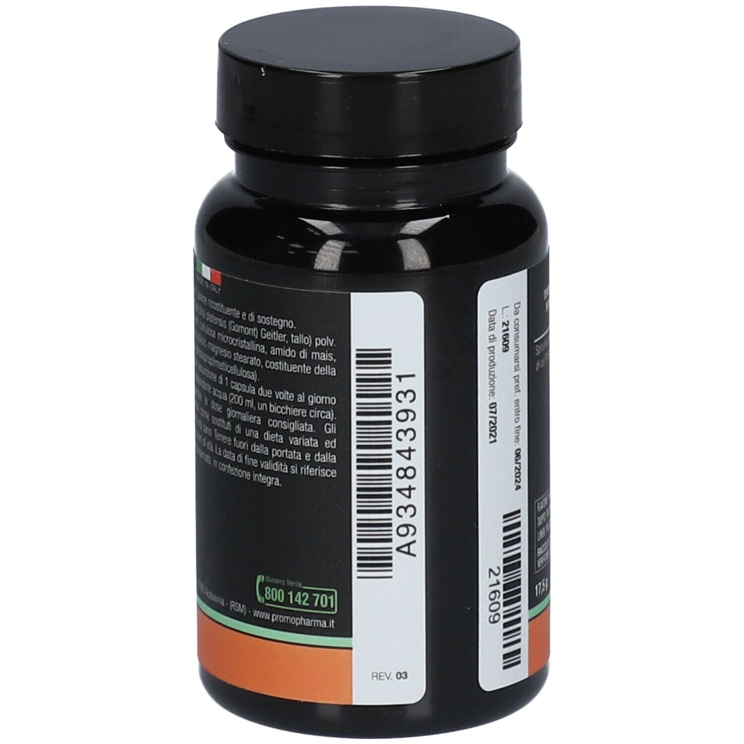 Flacone nero con tappo nero. Scritta: Botanical Mix Spirulina, 50 capsule vegetali. Marchio: PromoPharma.