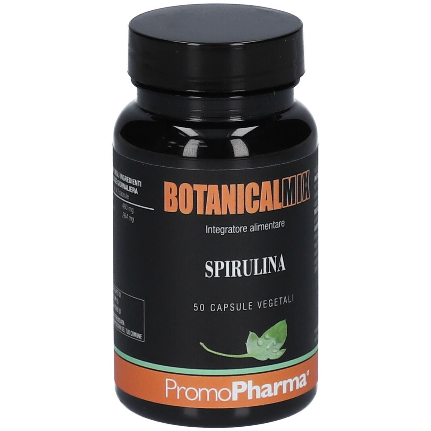 Flacone nero con tappo nero. Scritta: Botanical Mix Spirulina, 50 capsule vegetali. Marchio: PromoPharma.