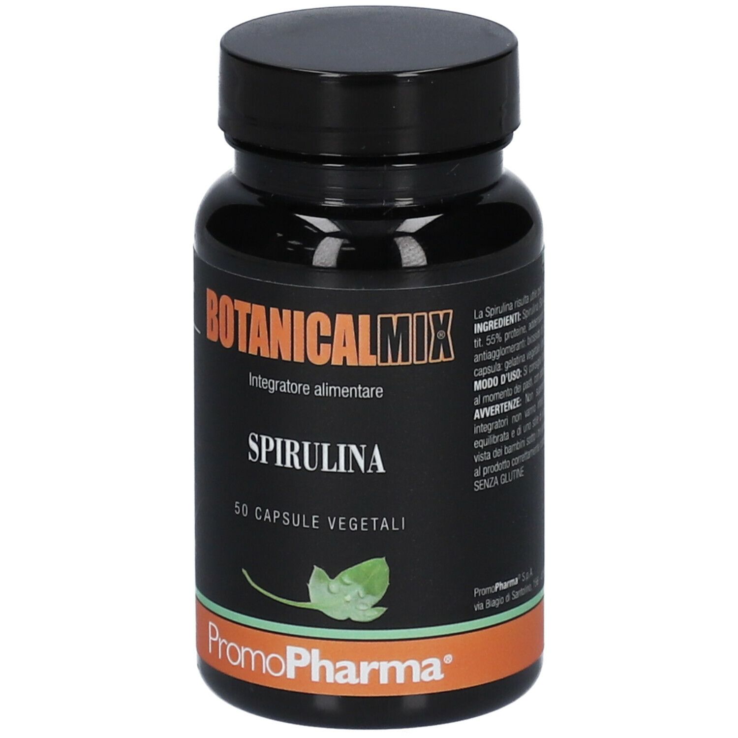 Flacone nero con tappo nero. Scritta: Botanical Mix Spirulina, 50 capsule vegetali. Marchio: PromoPharma.