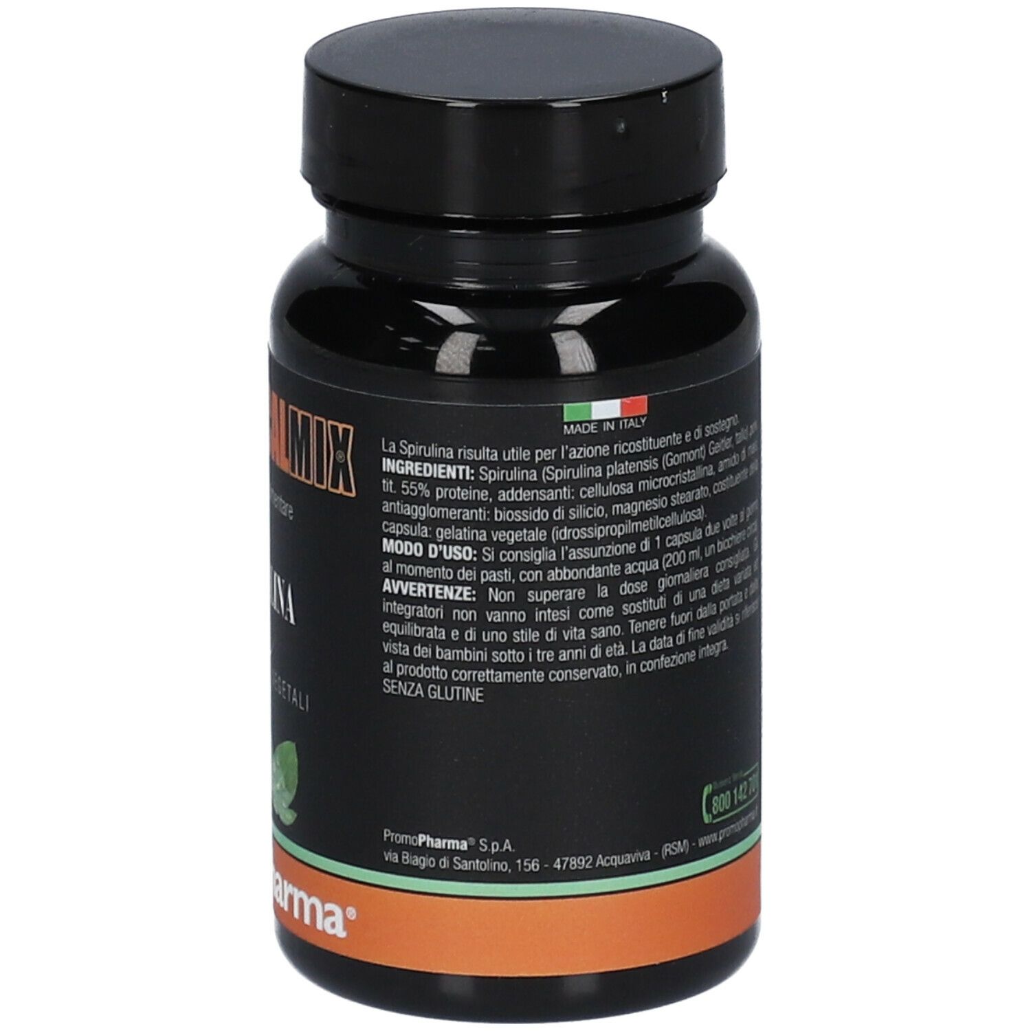 Flacone nero con tappo nero. Scritta: Botanical Mix Spirulina, 50 capsule vegetali. Marchio: PromoPharma.