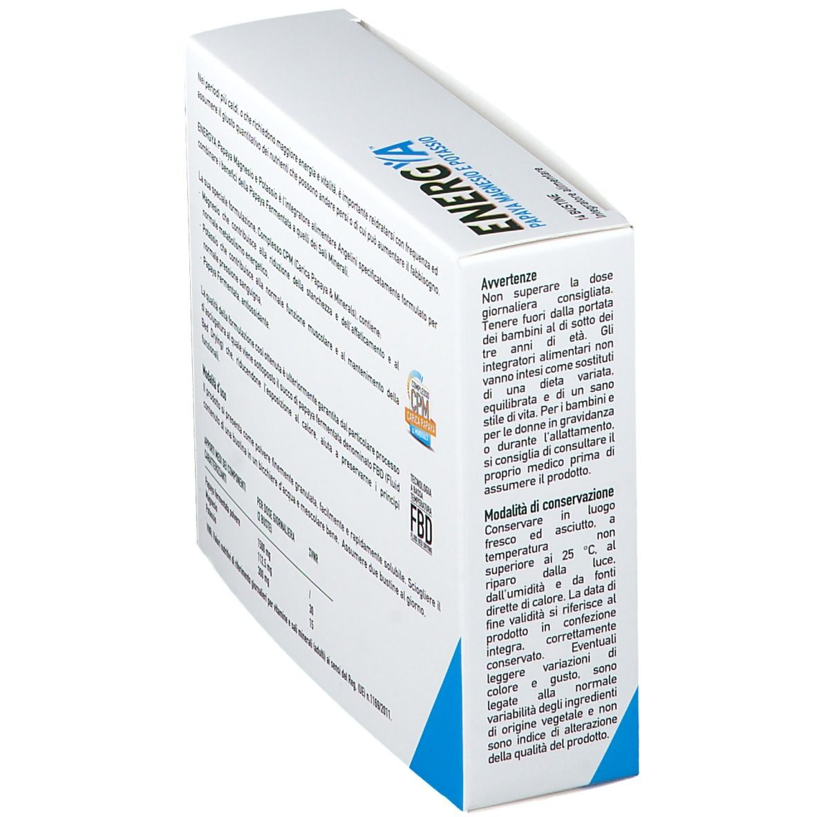 ENERGYA-Verpackung, Papaya, Magnesium und Kalium. Rückseite mit Warnhinweisen und Lagerungshinweisen. Weiß und blau.