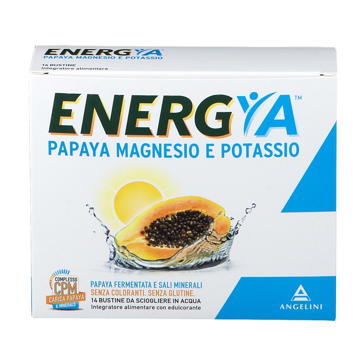ENERGYA-Verpackung, Papaya, Magnesium und Kalium. 14 Beutel. Papaya-Illustration und Markenlogo. Weiß und blau.