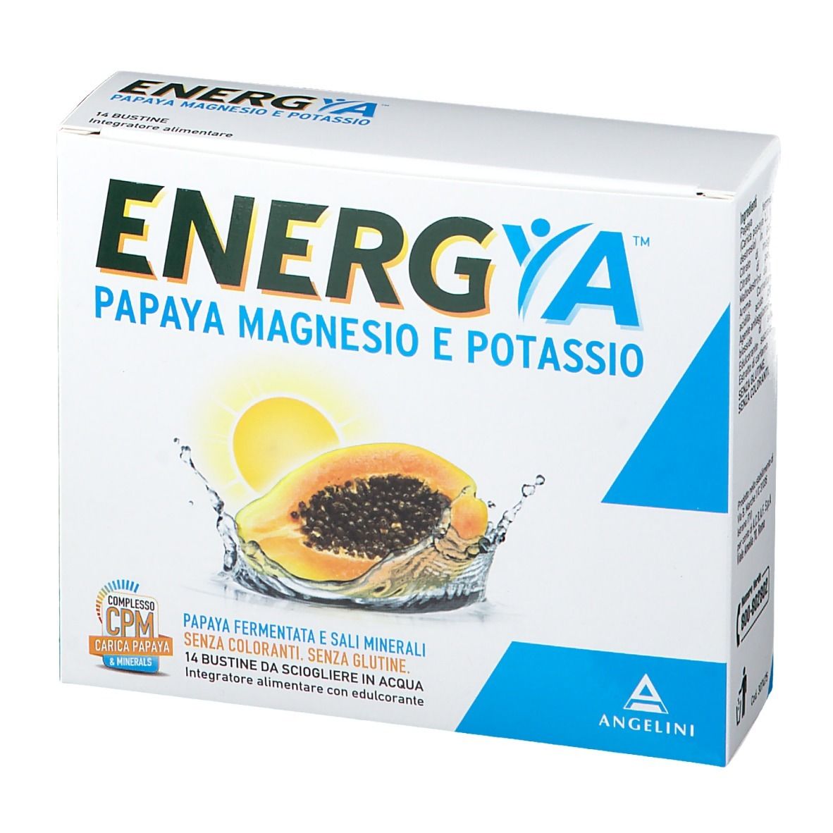 ENERGYA-Verpackung, Papaya, Magnesium und Kalium. 14 Beutel. Papaya-Illustration und Markenlogo. Weiß und blau.