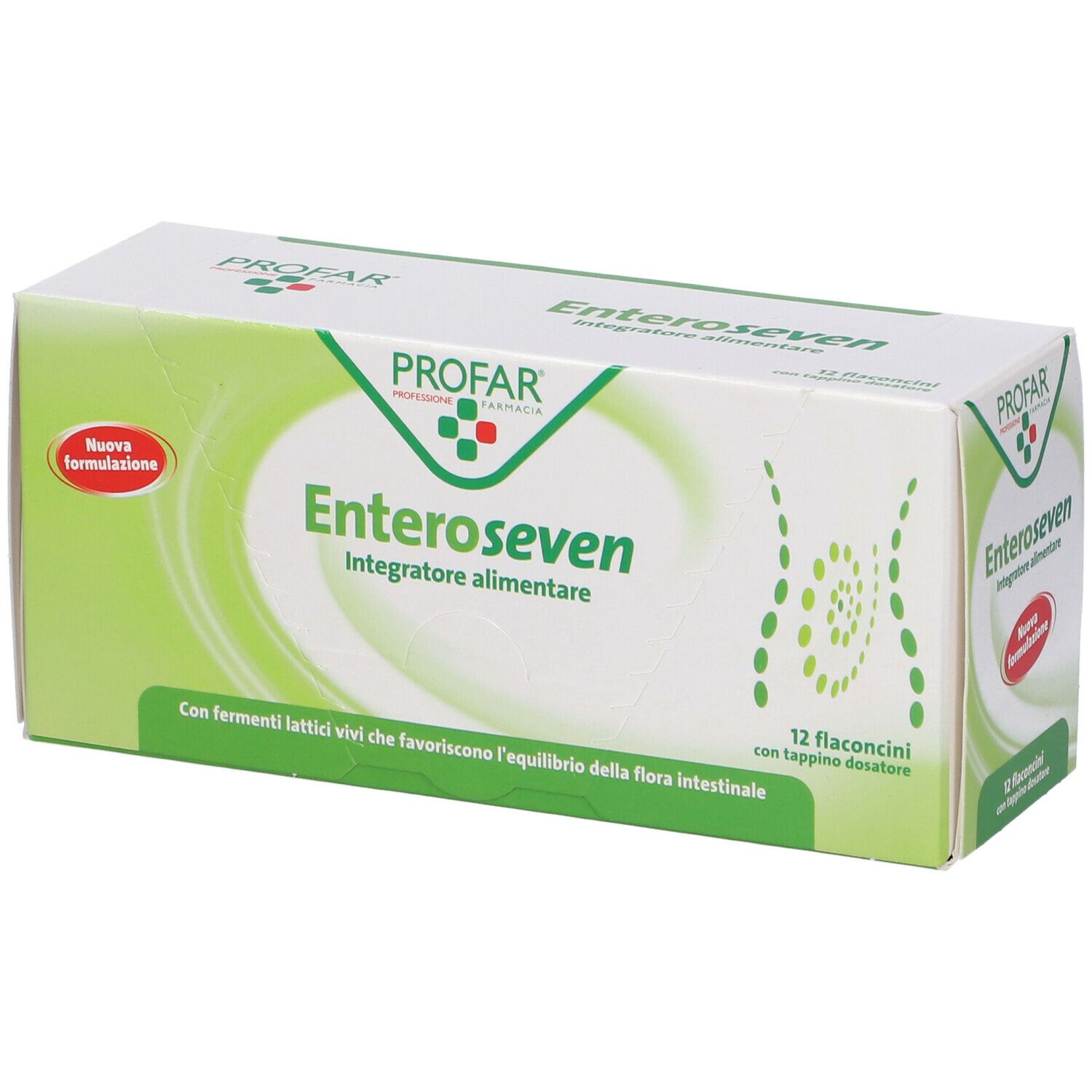 Scatola di Enteroseven. Confezione verde e bianca con nome e logo. Contiene 12 flaconcini con tappo dosatore.