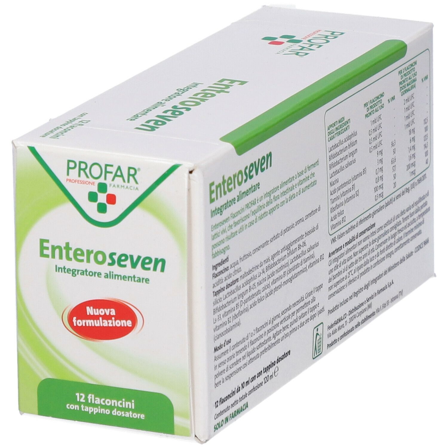 Confezione Enteroseven in diagonale. Verde e bianca con nome e logo. Contiene 12 flaconcini con tappo dosatore.