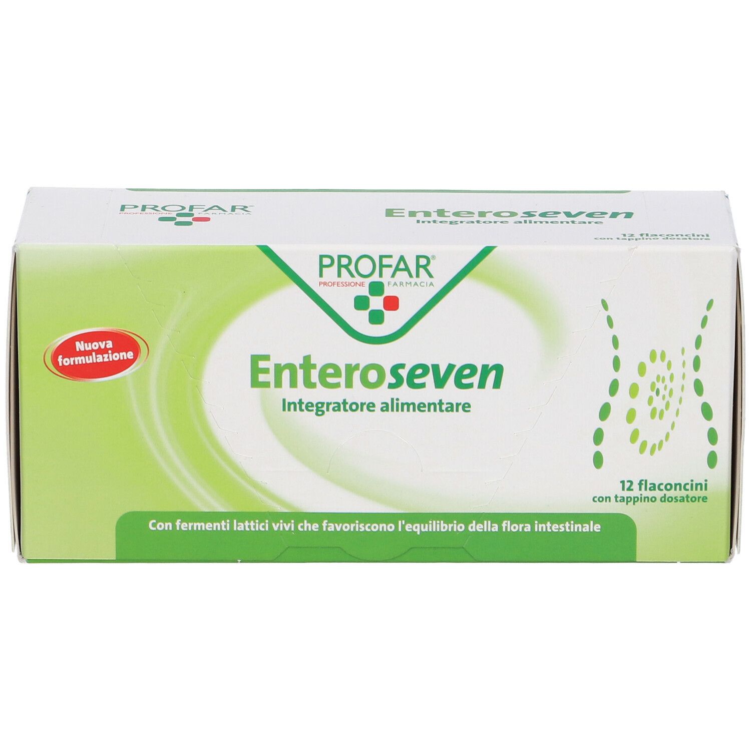 Scatola Enteroseven. Confezione verde e bianca con nome e logo. Contiene 12 flaconcini con tappo dosatore.
