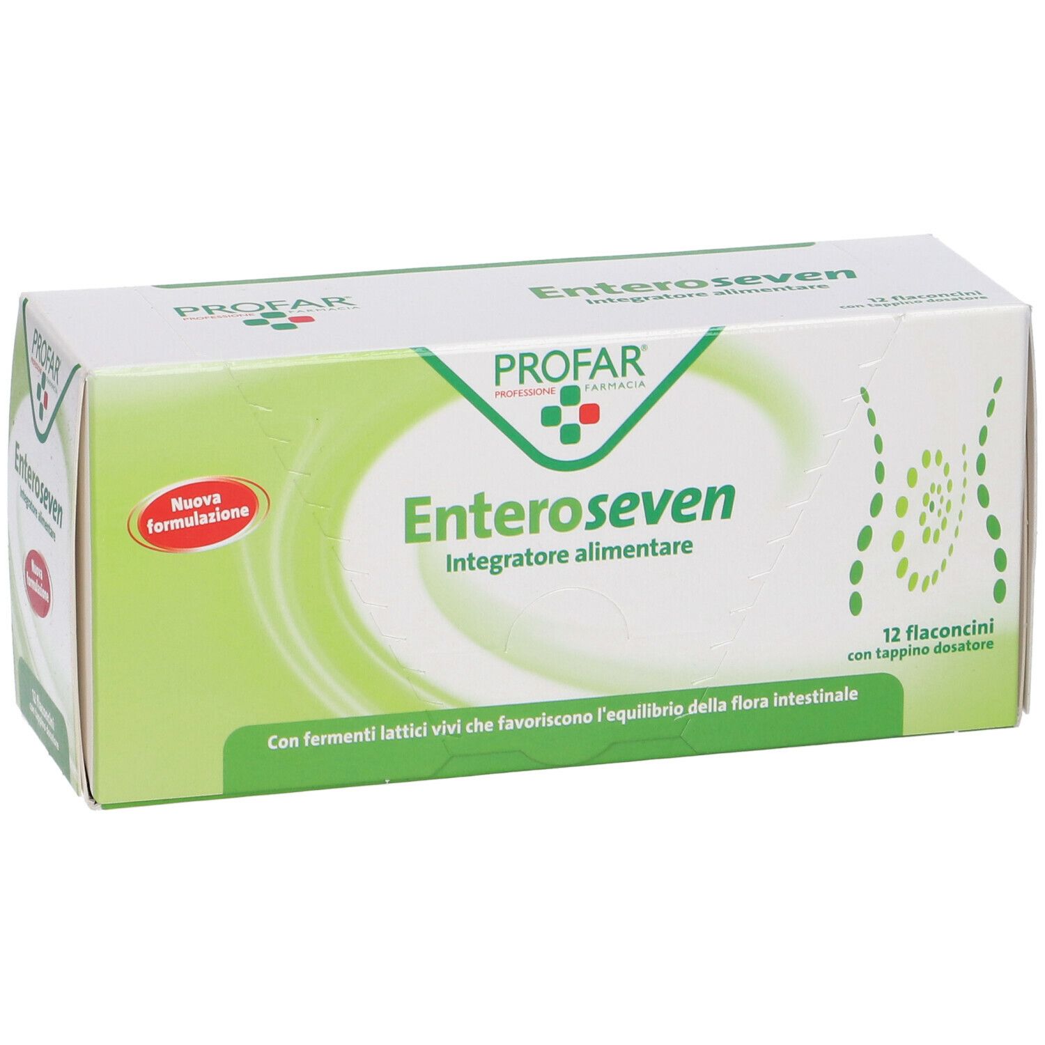 Scatola Enteroseven. Confezione verde e bianca con nome e logo. Contiene 12 flaconcini con tappo dosatore.