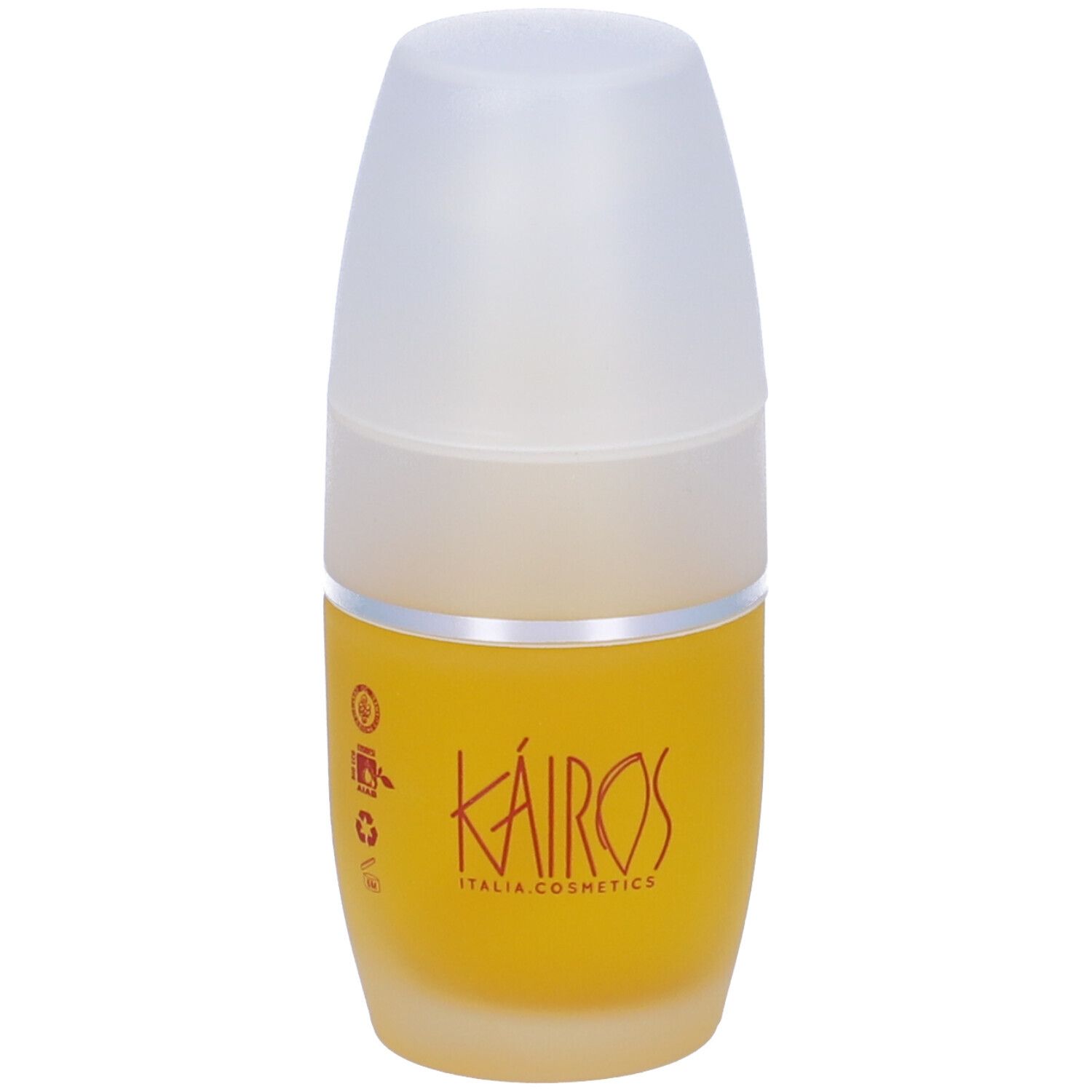 Flacone giallo con tappo bianco. Scritta: KAIROS ITALIA COSMETICS. Nome del prodotto sul flacone.