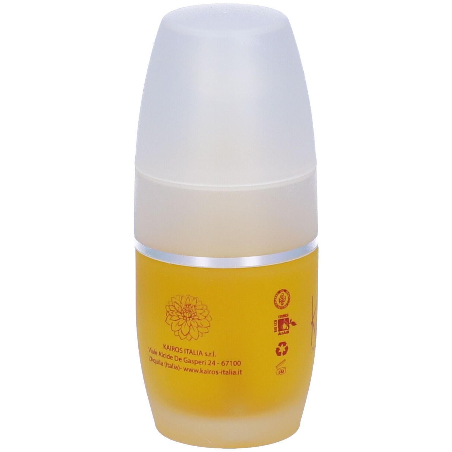 Flacone giallo con tappo bianco. Scritta: KAIROS ITALIA COSMETICS. Nome del prodotto sul flacone.