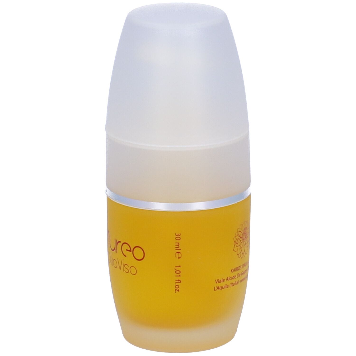 Flacone giallo con tappo bianco. Scritta: KAIROS ITALIA COSMETICS. Nome del prodotto sul flacone.