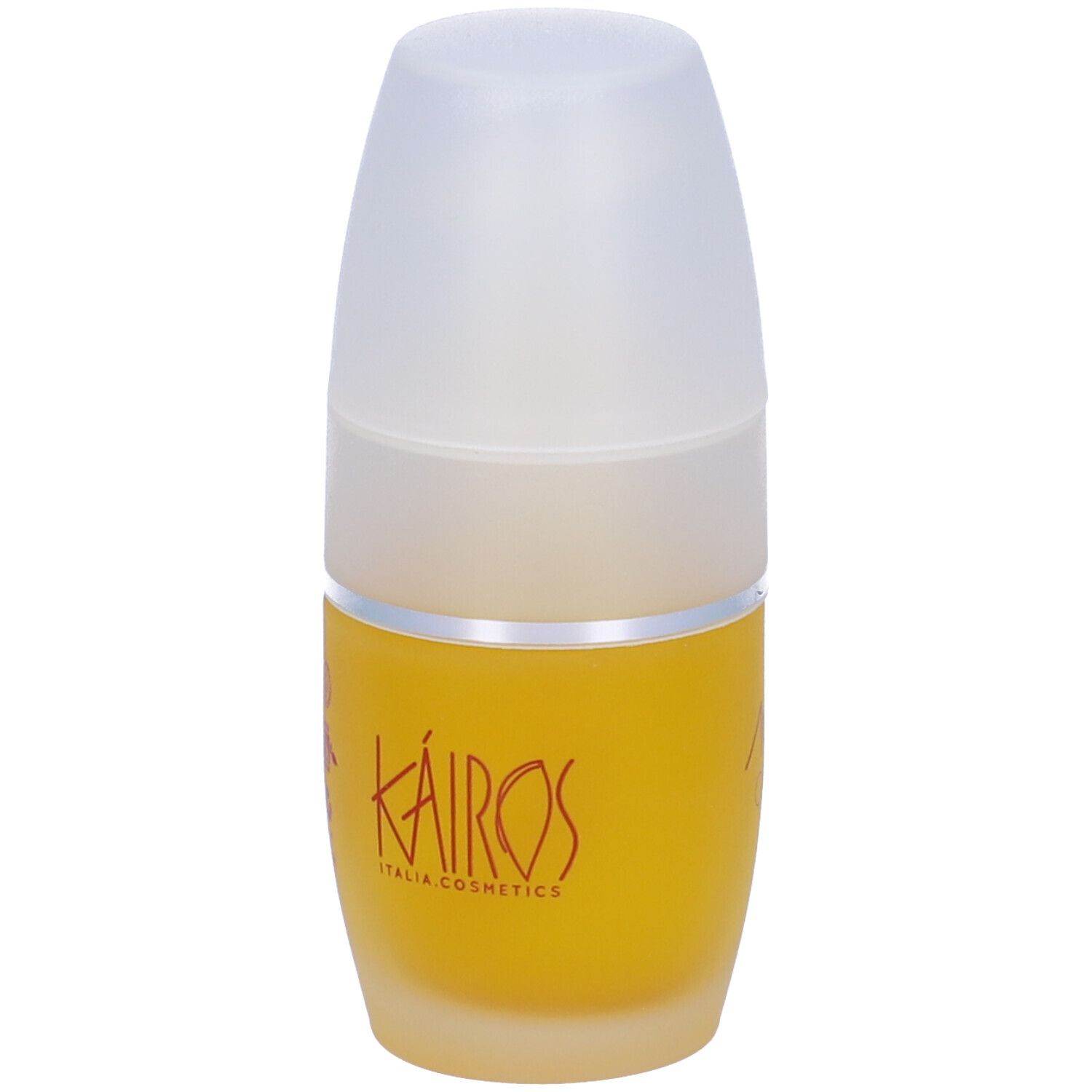 Flacone giallo con tappo bianco. Scritta: KAIROS ITALIA COSMETICS. Nome del prodotto sul flacone.