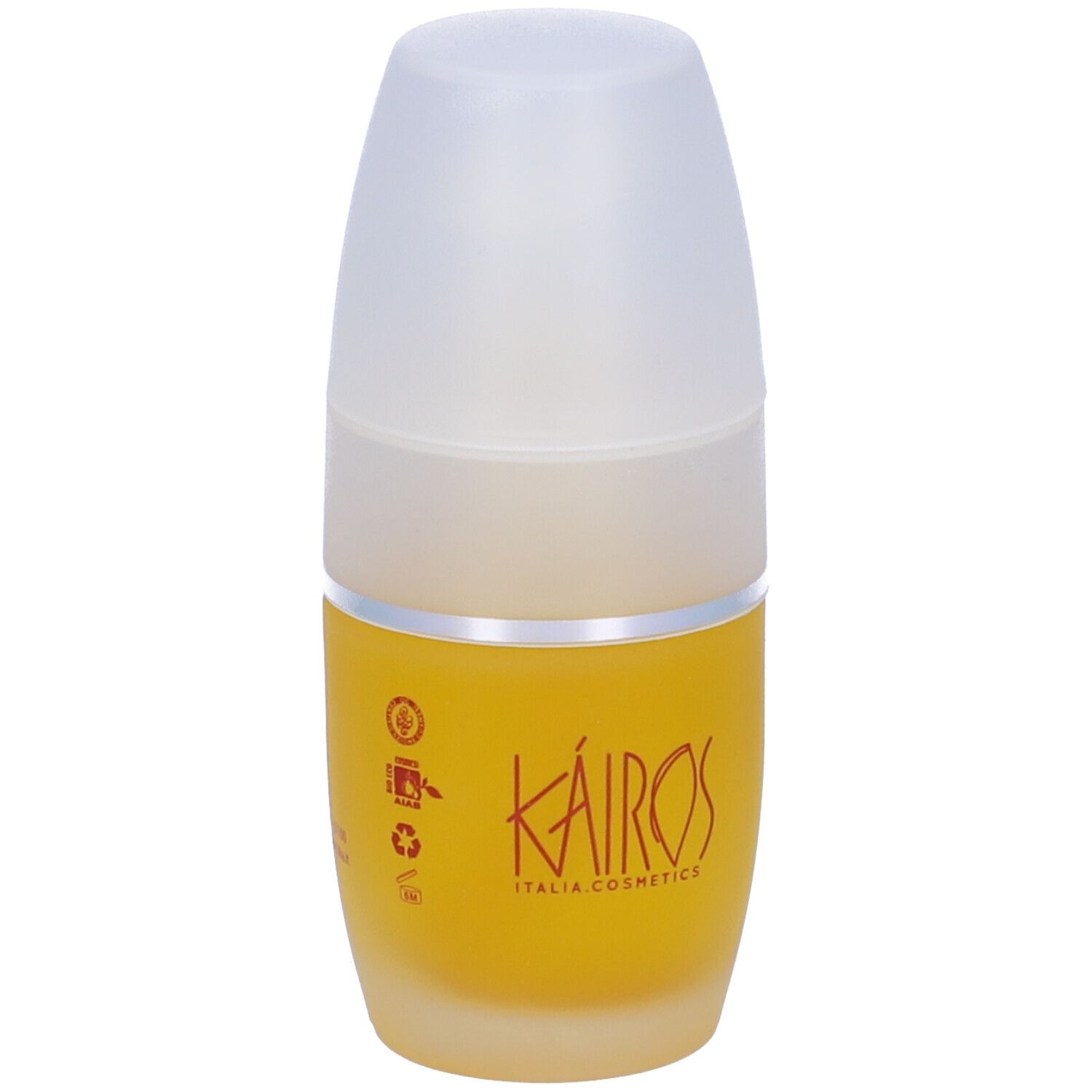 Flacone giallo con tappo bianco. Scritta: KAIROS ITALIA COSMETICS. Nome del prodotto sul flacone.