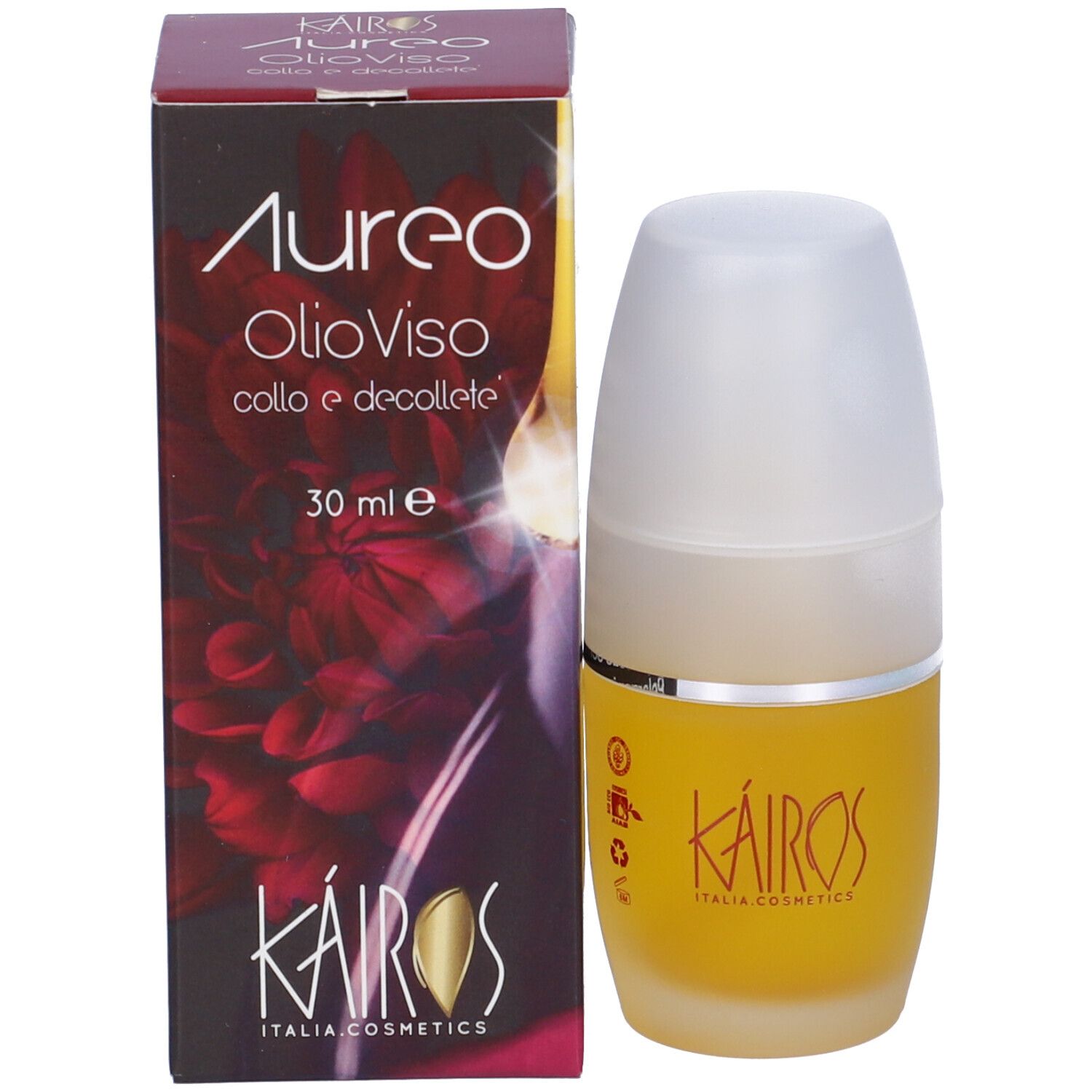 Flacone giallo con tappo bianco e nome del prodotto. Scatola con nome del prodotto e logo accanto.