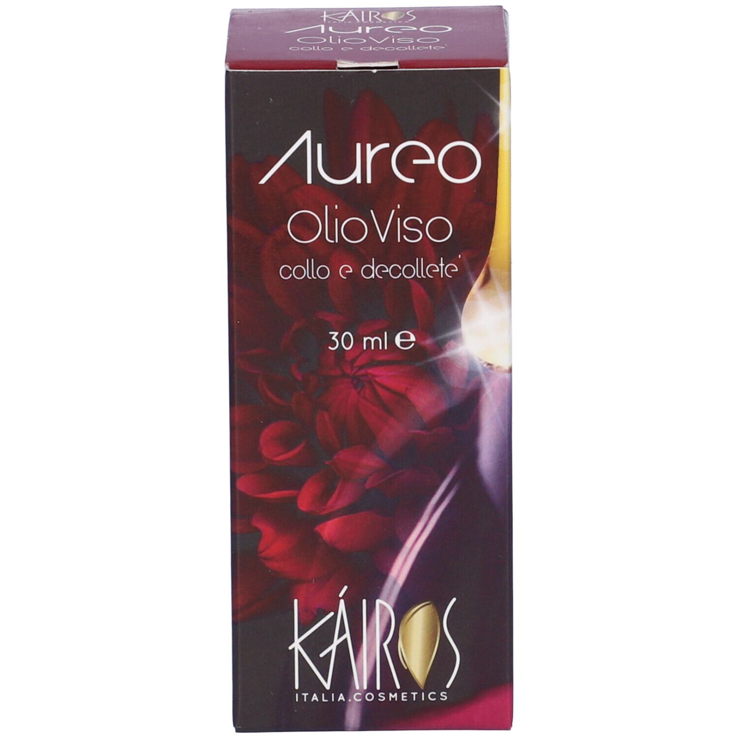Confezione del prodotto. Scatola nera con nome del prodotto e logo. Scritta: Aureo Olio Viso, 30 ml.