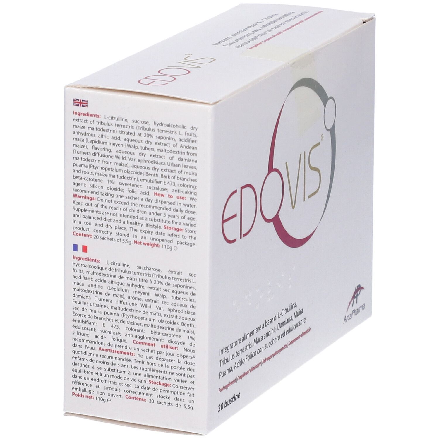 Scatola bianca con logo e nome EDOVIS. Testo: Integratore alimentare. 20 bustine. Logo ArcaPharma.