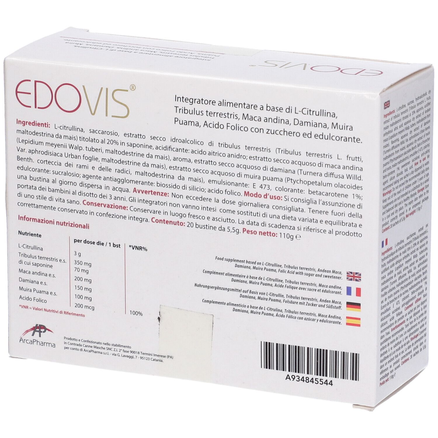 Scatola bianca con logo e nome EDOVIS. Testo: Integratore alimentare. 20 bustine. Logo ArcaPharma.