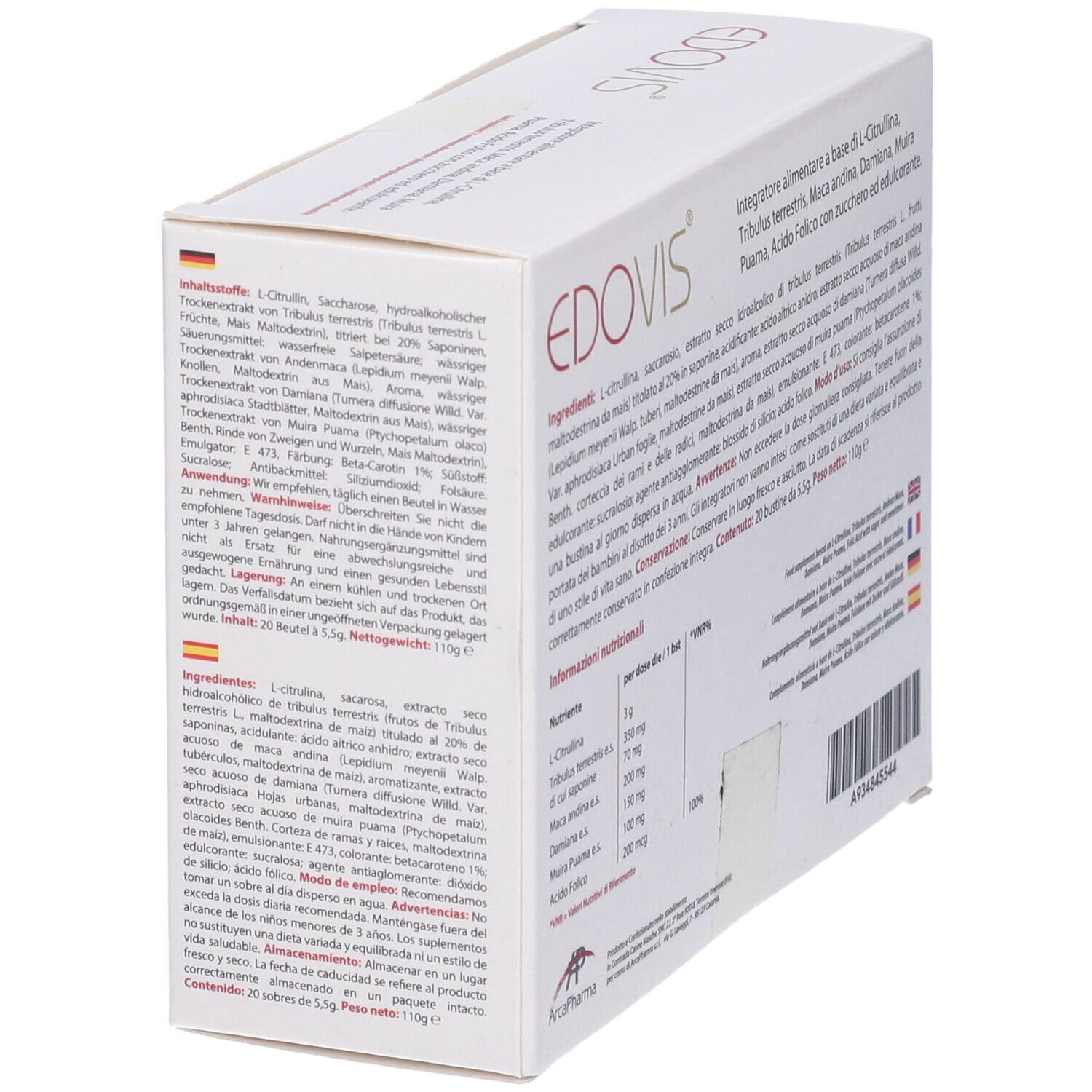 Scatola bianca con logo e nome EDOVIS. Testo: Integratore alimentare. 20 bustine. Logo ArcaPharma.