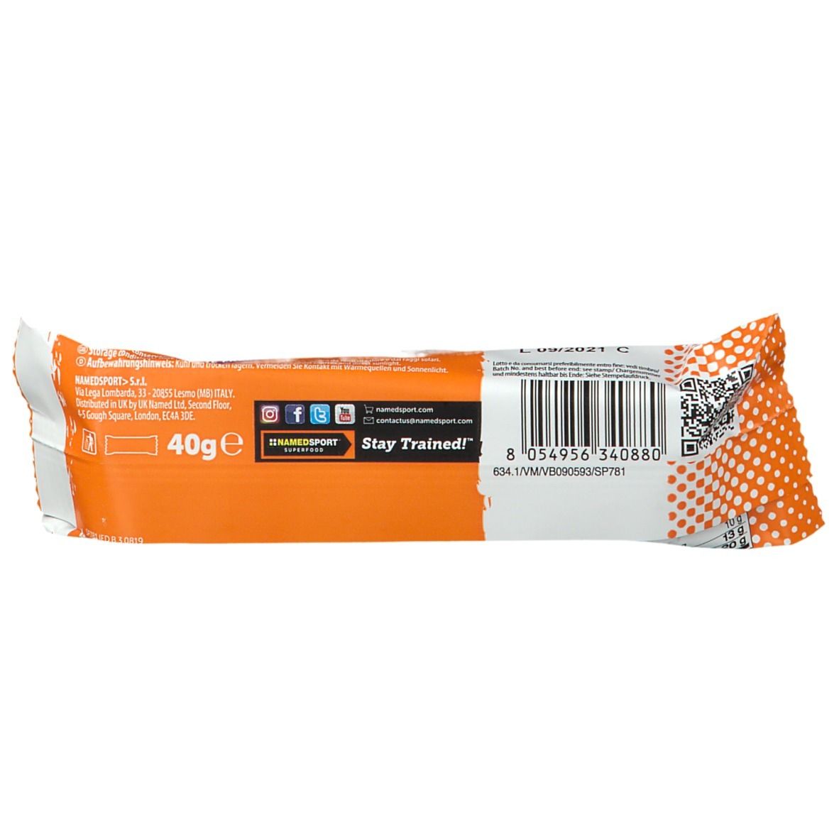 Retro della confezione della barretta proteica. Contiene informazioni sugli ingredienti, i valori nutrizionali e il codice a barre. 40g.