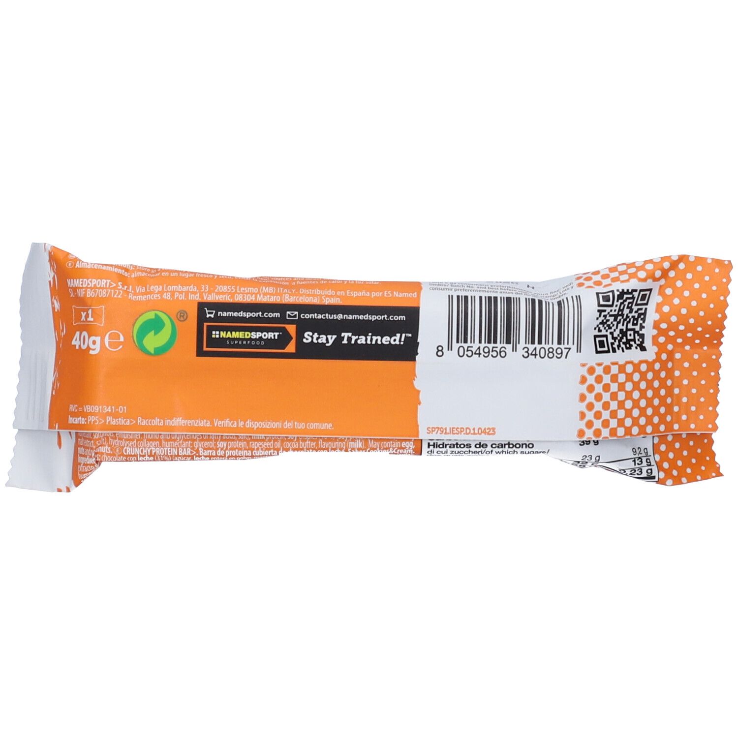 Confezione barretta proteica. Scritta: 40g, Stay Trained!, codice a barre. Informazioni nutrizionali sul retro.