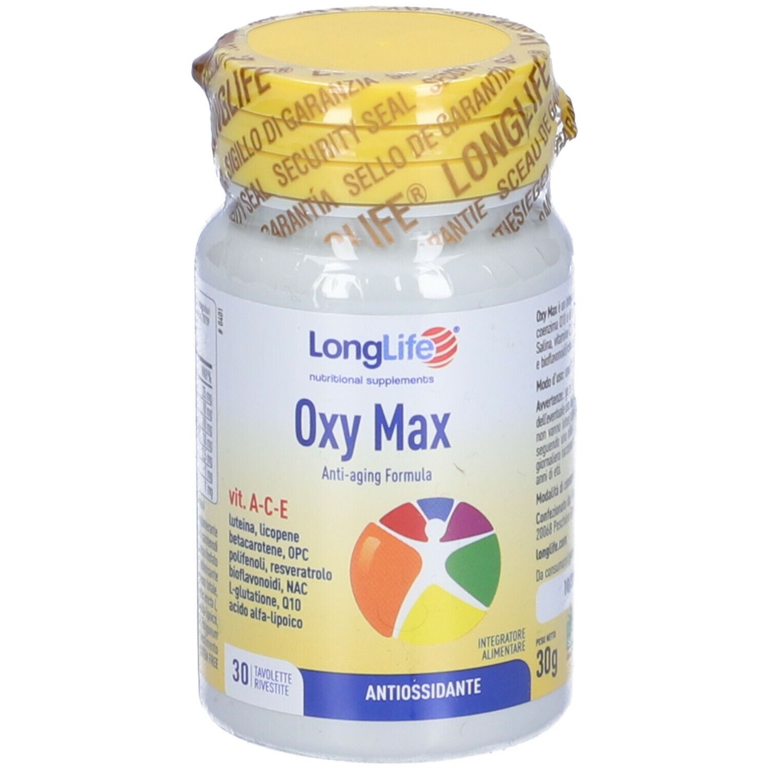 Flacone bianco con tappo giallo e sigillo. Scritta: Oxy Max, 30 compresse. Logo e testo in inglese e italiano.
