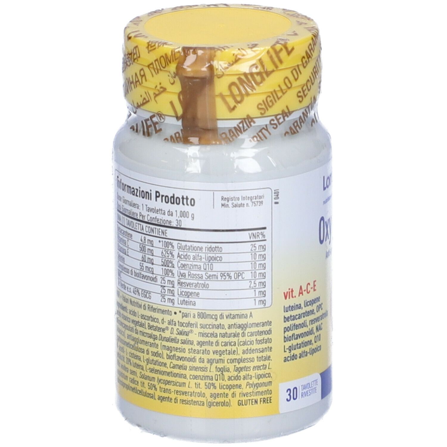 Retro del flacone bianco con tappo giallo e sigillo. Testo in italiano. 30 compresse.