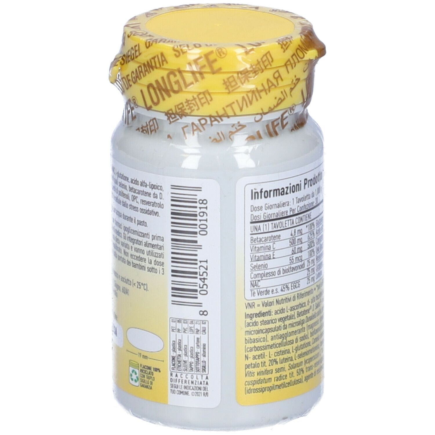 Retro del flacone bianco con tappo giallo e sigillo. Testo in italiano. 30 compresse.