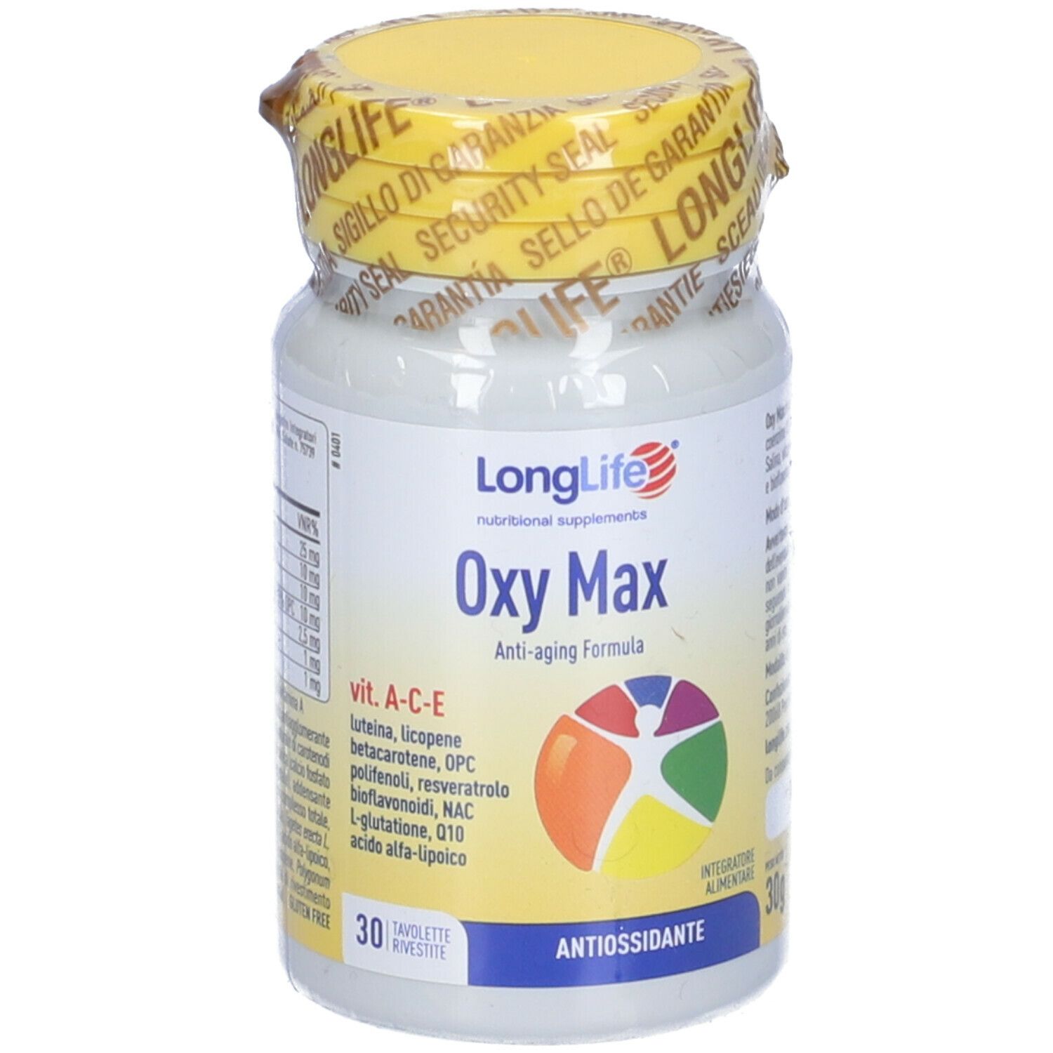 Flacone bianco con tappo giallo e sigillo. Scritta: Oxy Max, 30 compresse. Logo e testo in inglese e italiano.