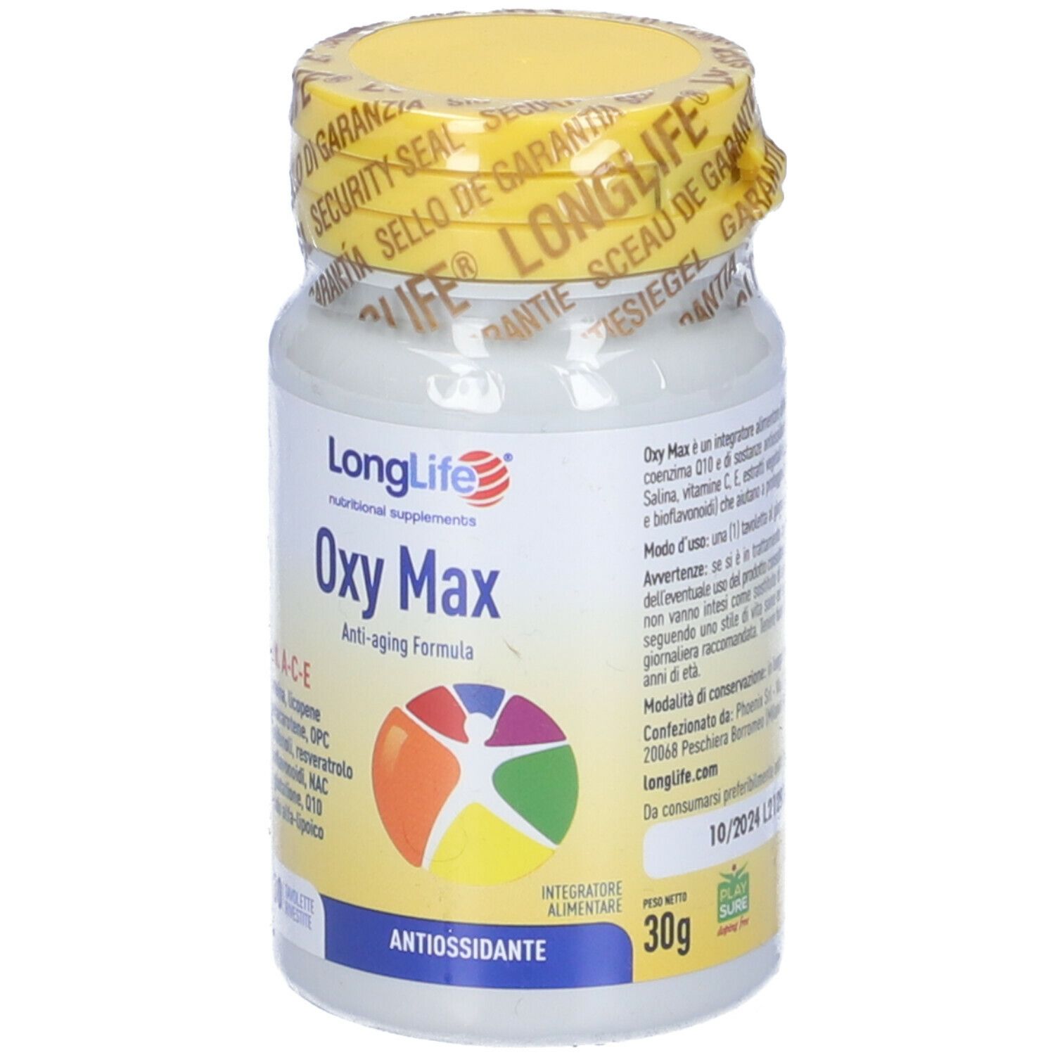 Flacone bianco con tappo giallo e sigillo. Scritta: Oxy Max, 30 compresse. Logo e testo in inglese e italiano.