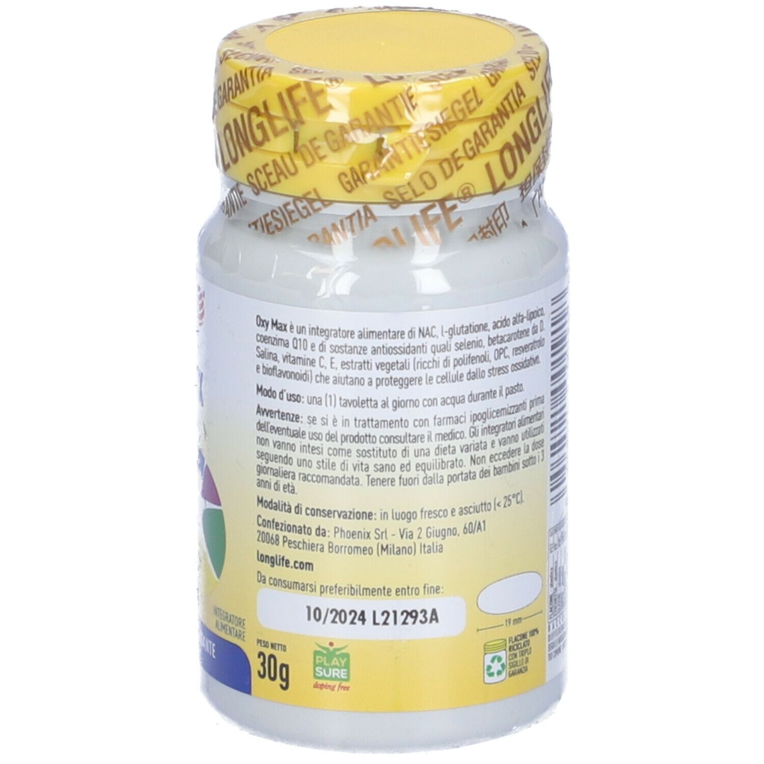 Retro del flacone bianco con tappo giallo e sigillo. Testo in italiano. 30 compresse.