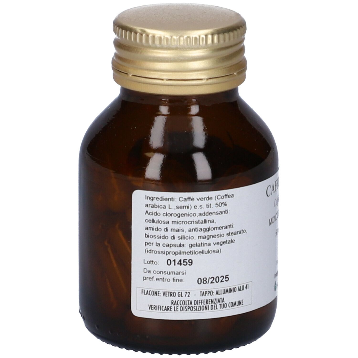 Flacone di vetro marrone con tappo dorato. Etichetta con testo: ingredienti, numero di lotto, data di scadenza. Contiene capsule.