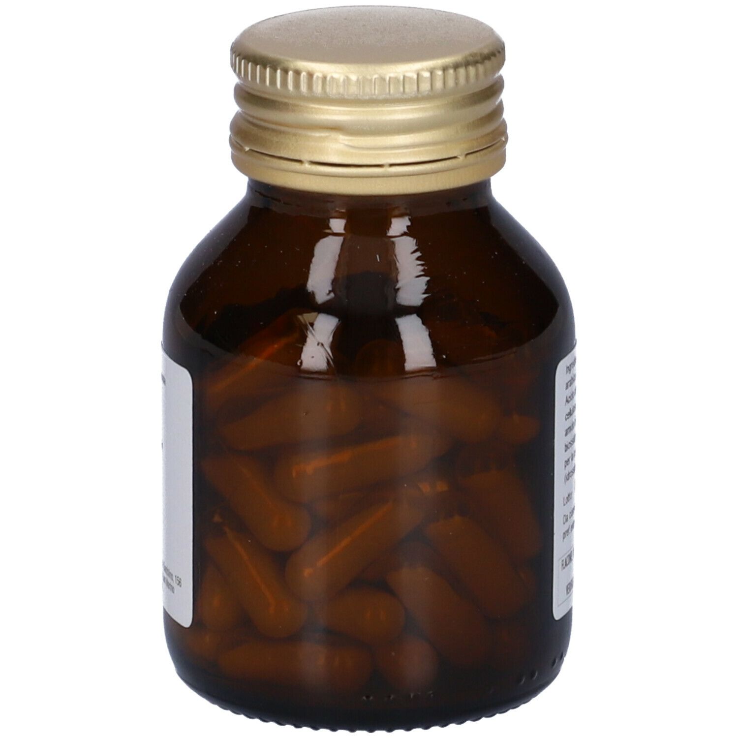 Flacone di vetro marrone con tappo dorato, pieno di capsule marroni. Etichetta con testo.