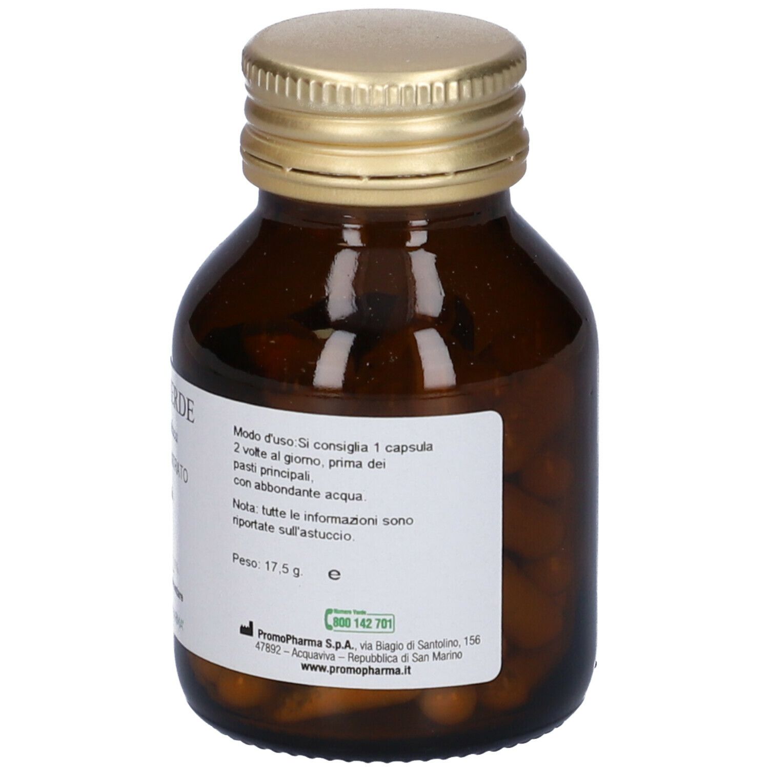Flacone di vetro marrone con tappo dorato. Etichetta con testo: CAFFÈ VERDE, uso, peso, Promo Pharma.