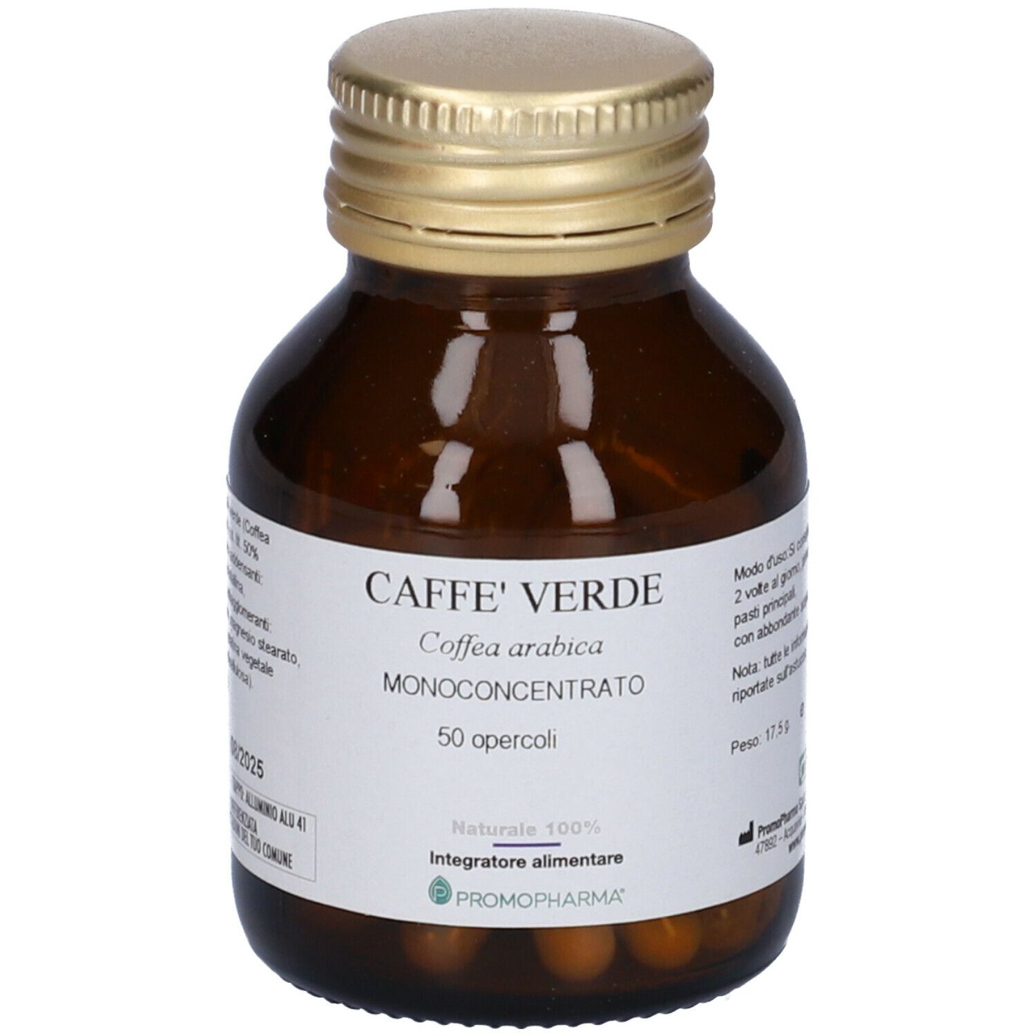 Flacone di vetro marrone con tappo dorato. Etichetta con testo: CAFFÈ VERDE, 50 capsule, Naturale 100%, Integratore alimentare, Promo Pharma.
