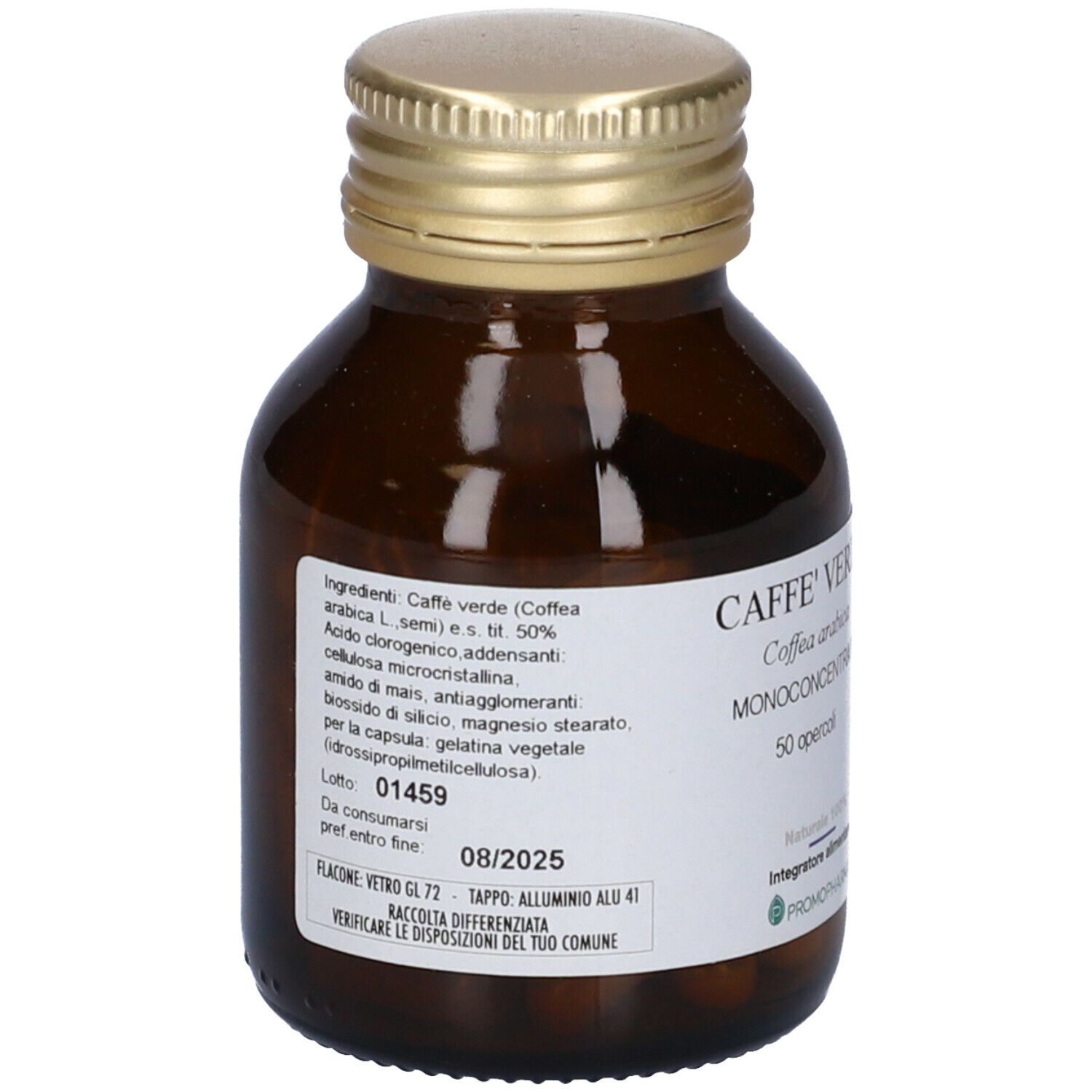 Flacone di vetro marrone con tappo dorato. Etichetta con testo: ingredienti, numero di lotto, data di scadenza. Contiene capsule.