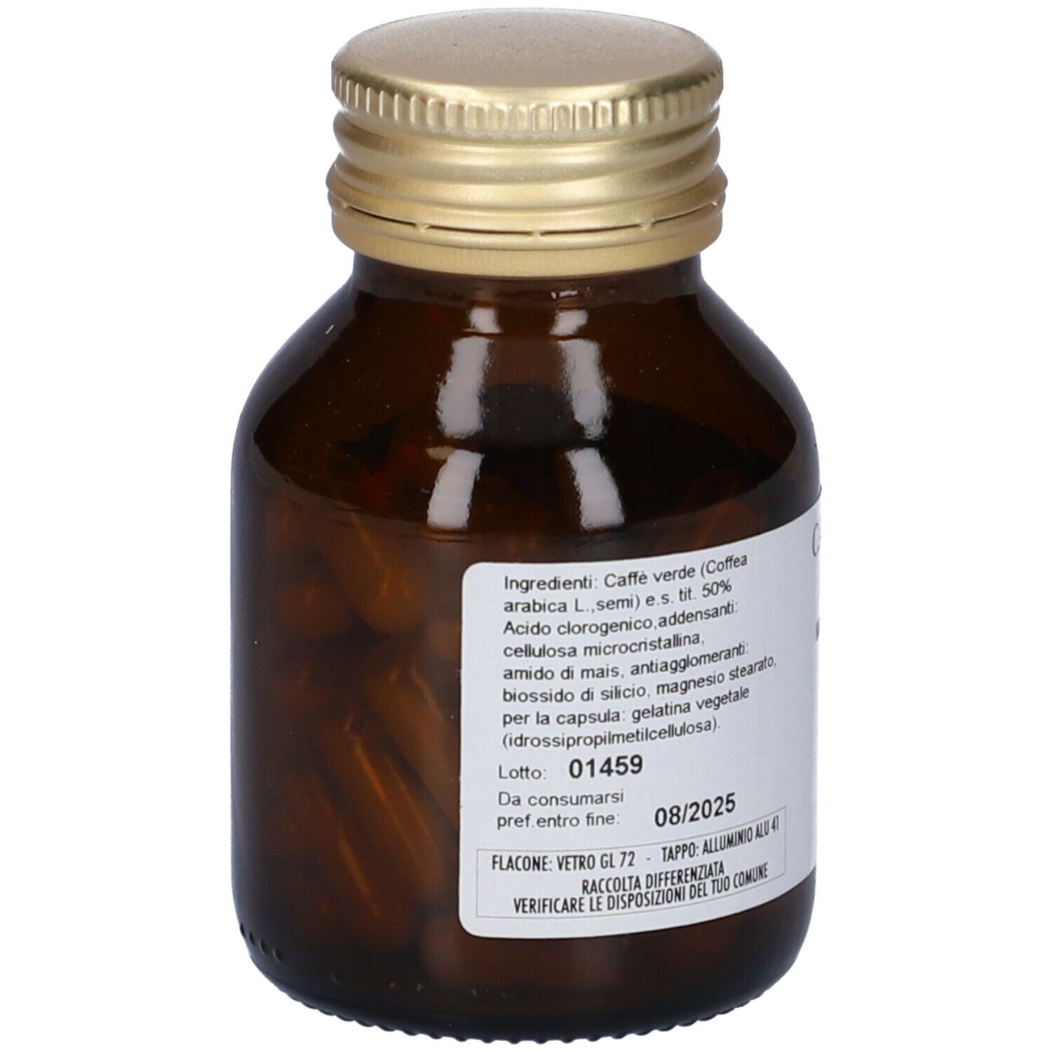 Flacone di vetro marrone con tappo dorato. Etichetta con testo: ingredienti, numero di lotto, data di scadenza. Contiene capsule.