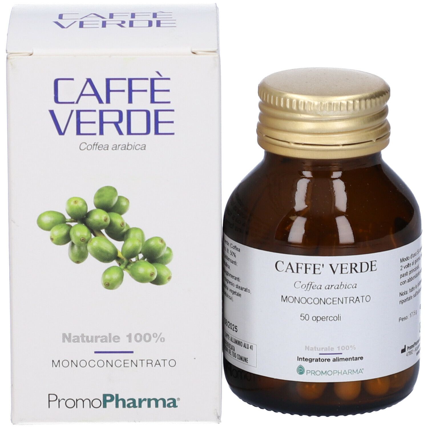 Flacone di vetro marrone con tappo dorato e scatola bianca. Sul flacone: CAFFÈ VERDE, 50 capsule. Sulla scatola: CAFFÈ VERDE, Coffea arabica.